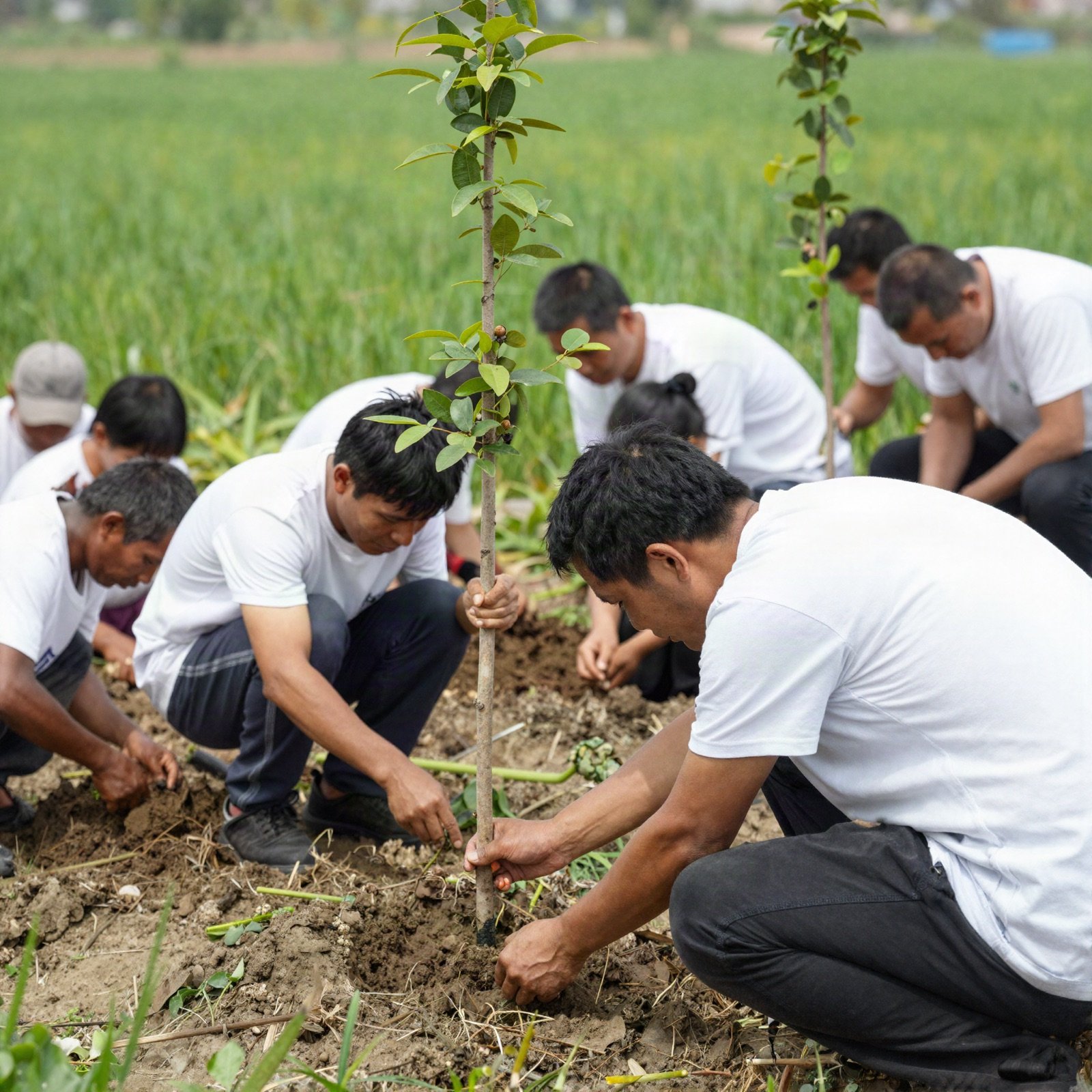 Volunteers and villagers planting young trees together