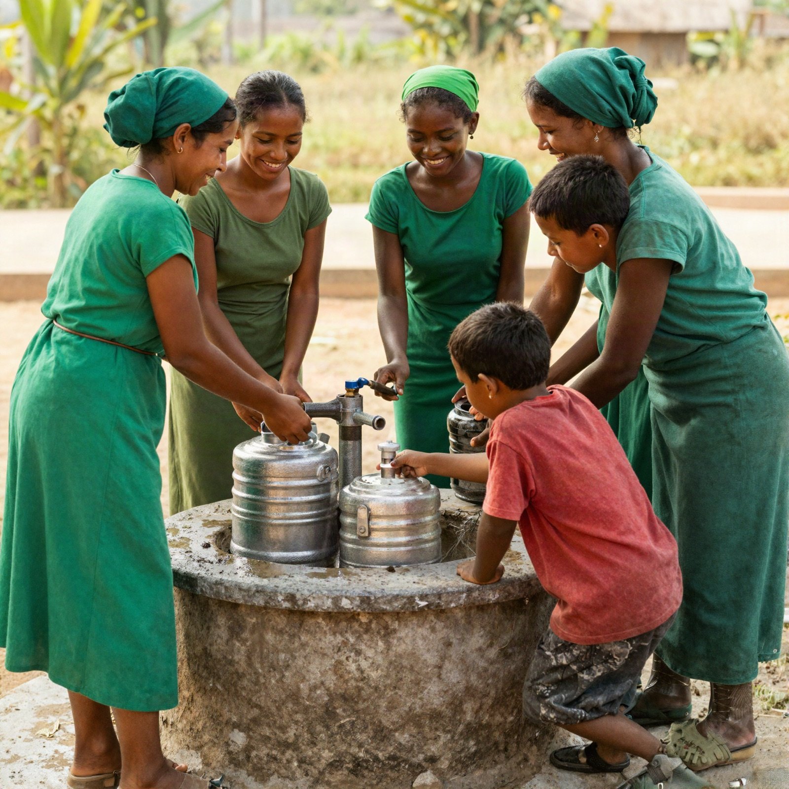 Villagers filling water containers at a new hand-pump well