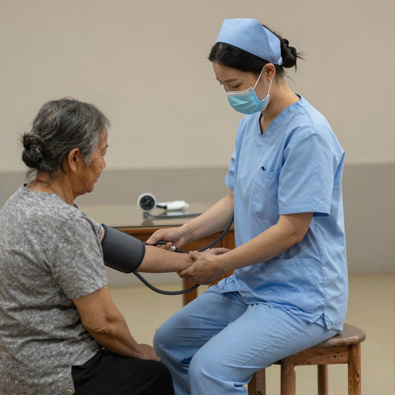 A community nurse checking an elderly woman's blood pressure