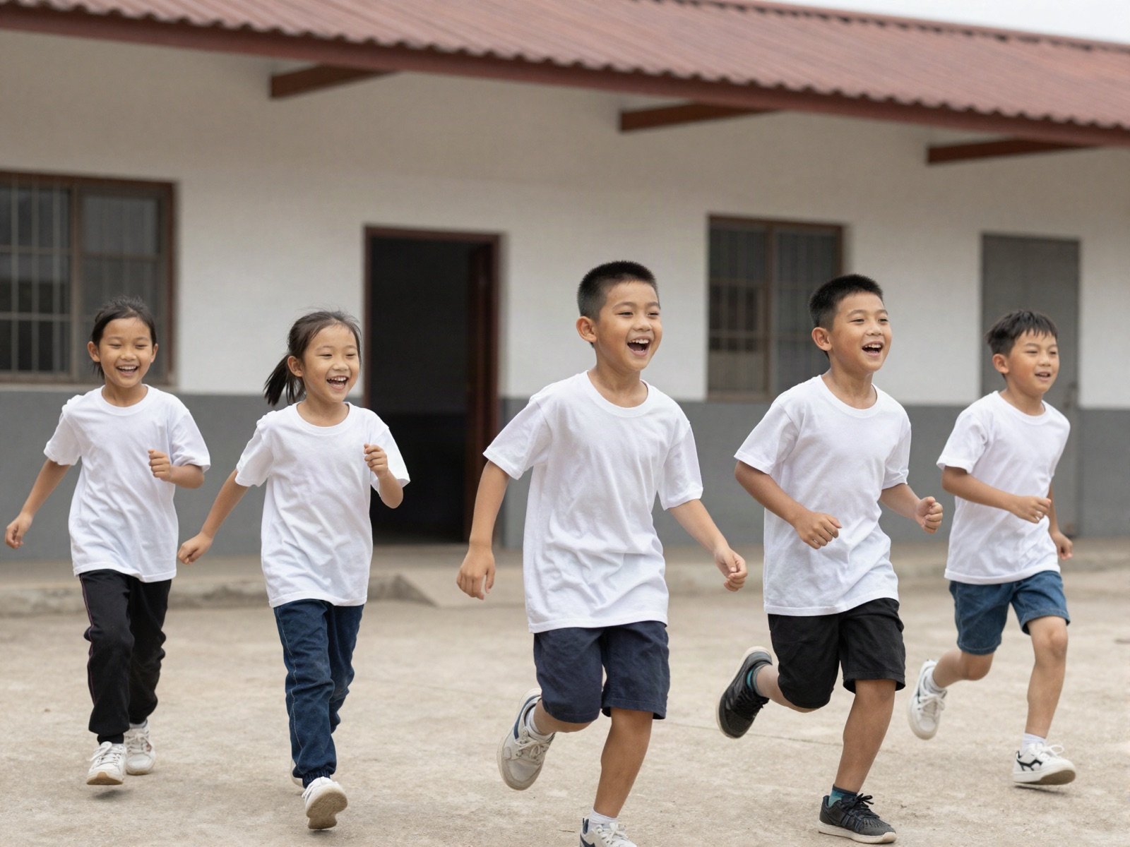 Children running outside their village school