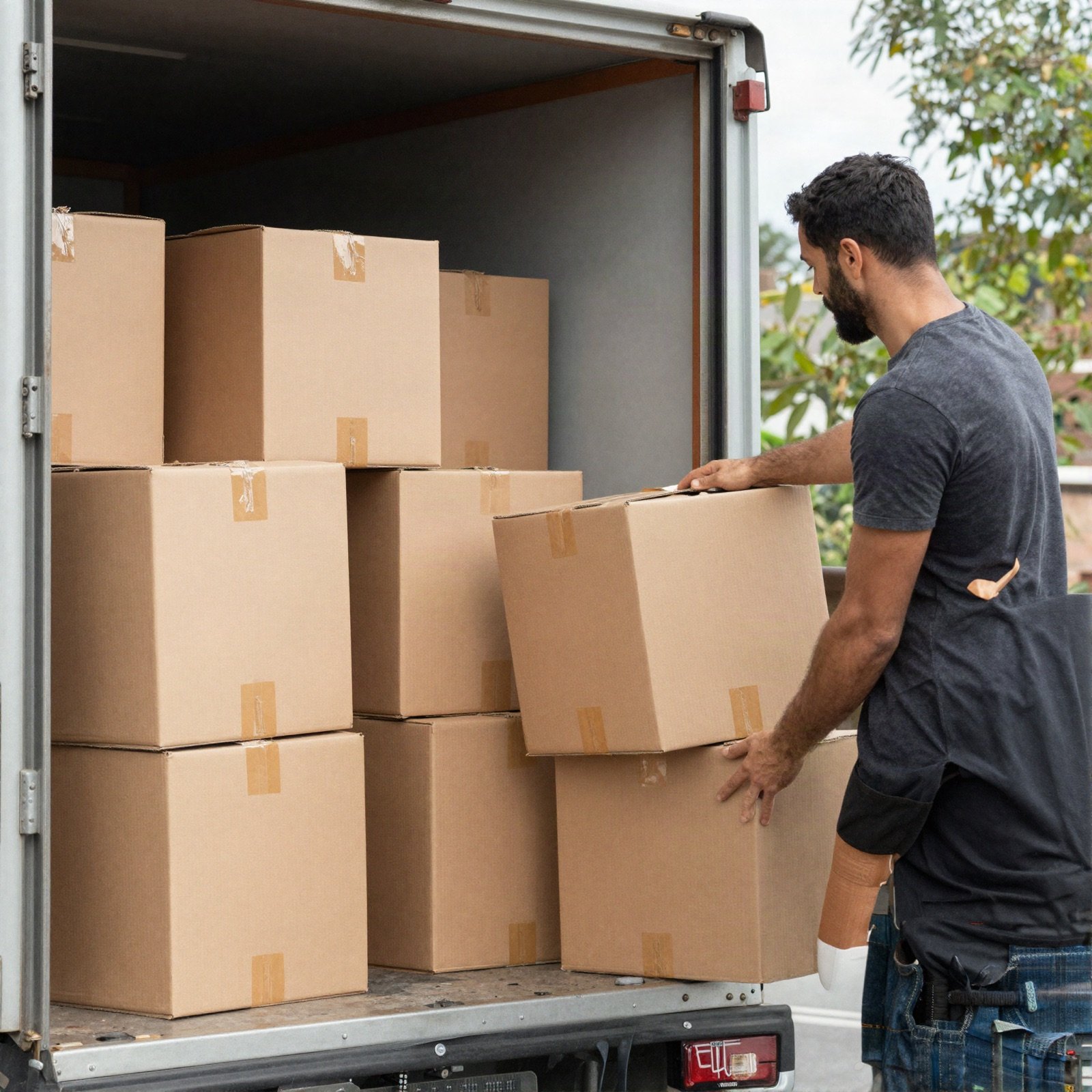 A volunteer unloading boxes of supplies from a truck
