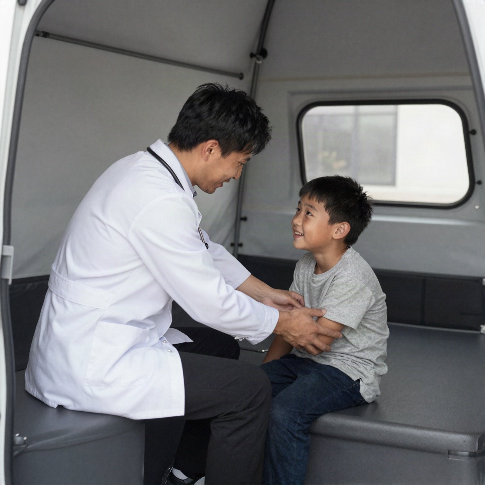 A doctor examining a child at a mobile health clinic