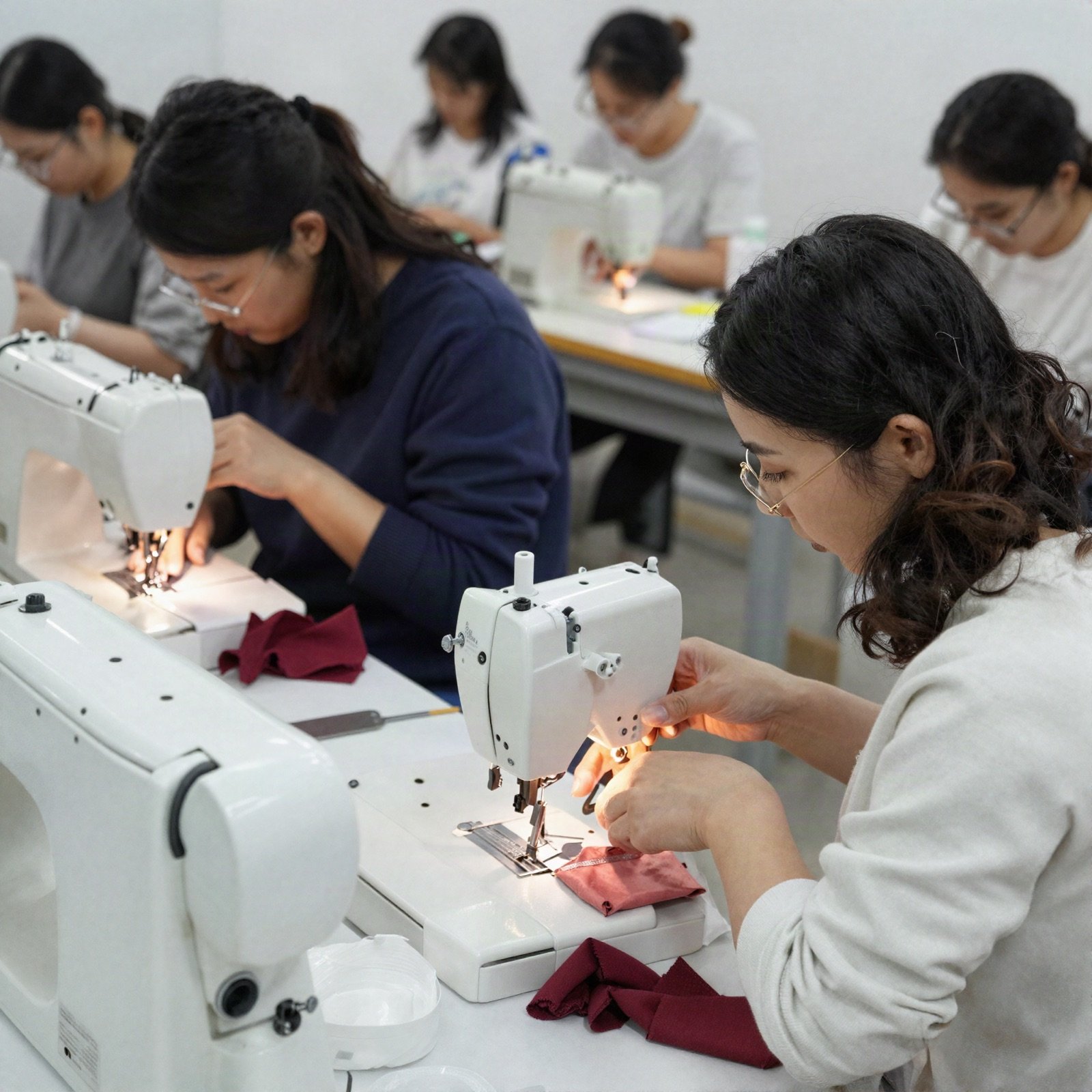Women learning to sew at a community skills workshop