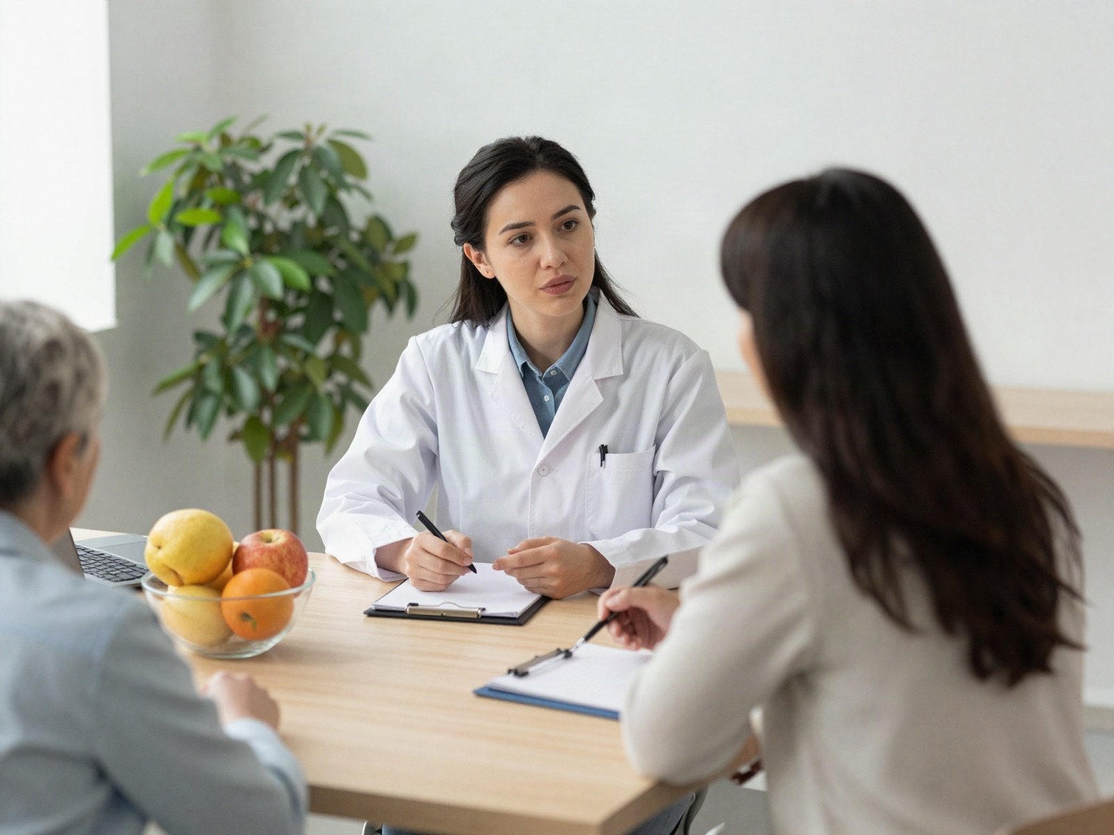 A nutritionist taking notes during a consultation with clients at a table with a bowl of fruit