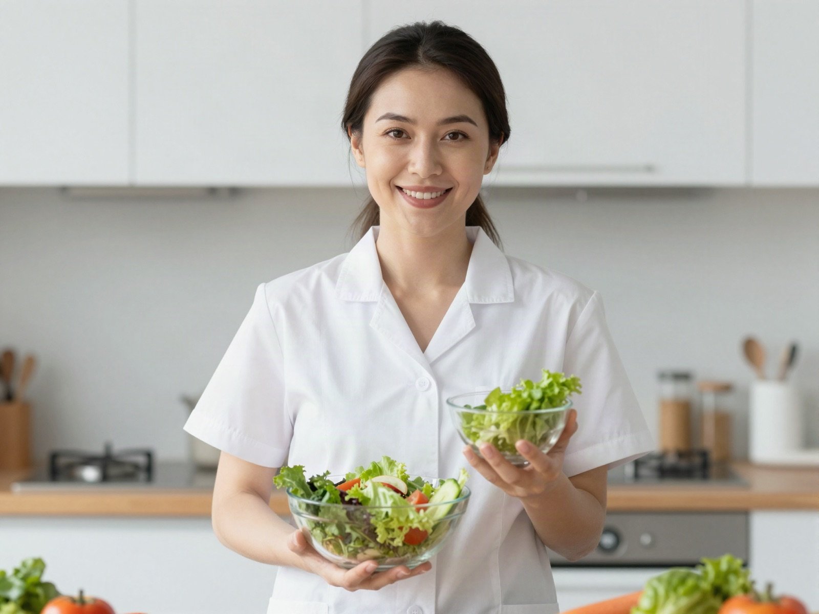 Nutritionist Abeer Saqr smiling and holding bowls of fresh salad in her kitchen