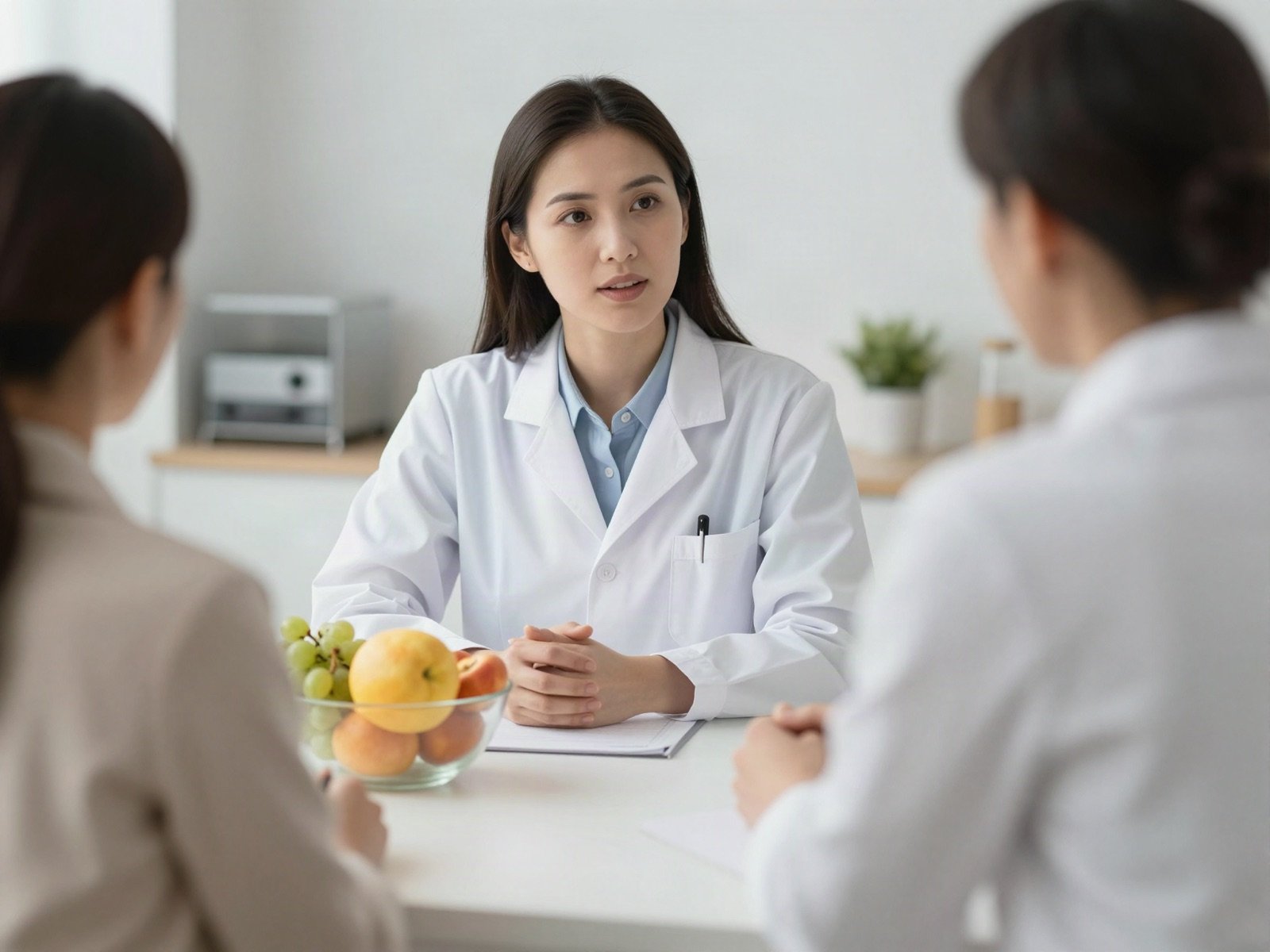 A nutritionist in a white coat talking with clients across a desk with a bowl of fruit