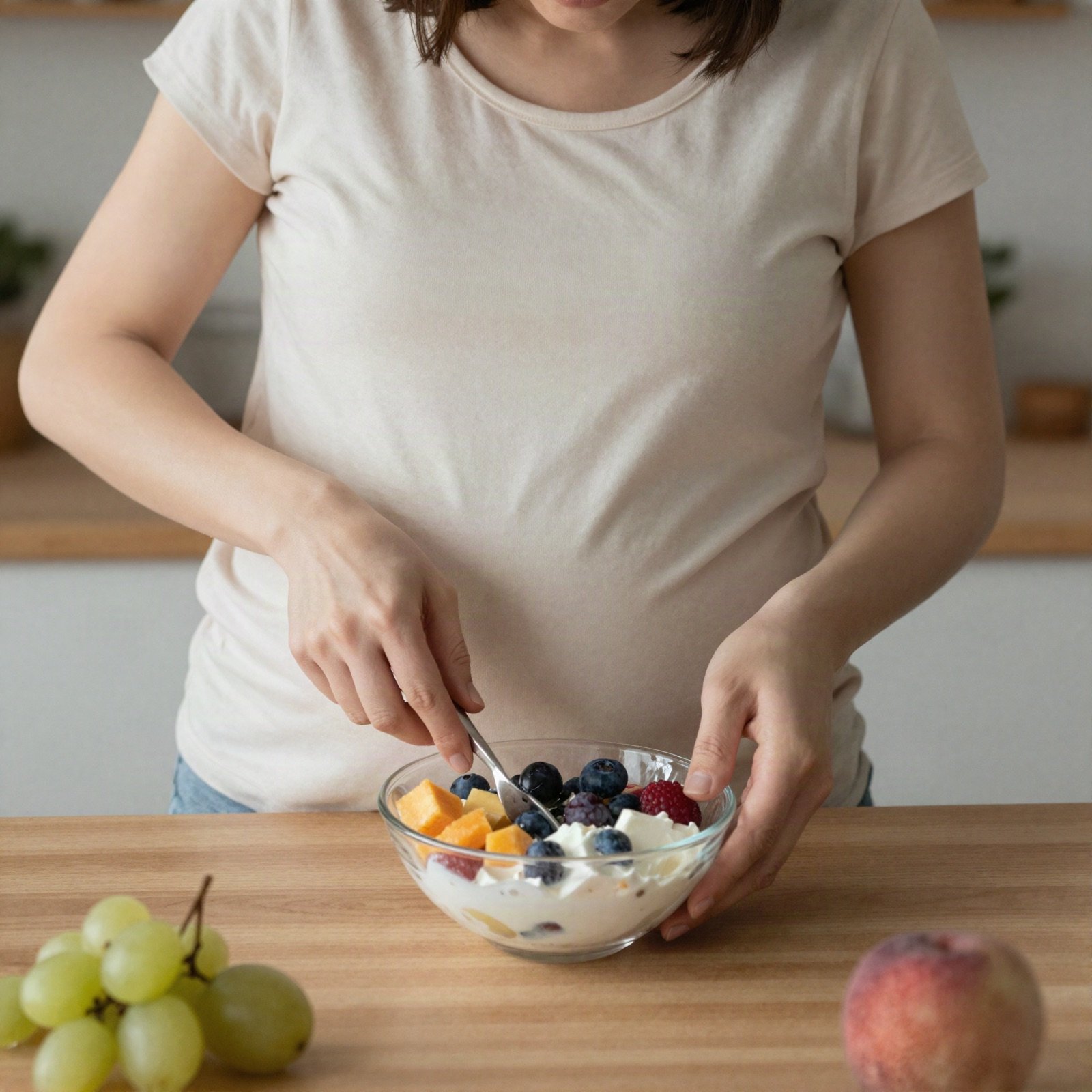 A pregnant woman preparing a bowl of yogurt with fresh fruit