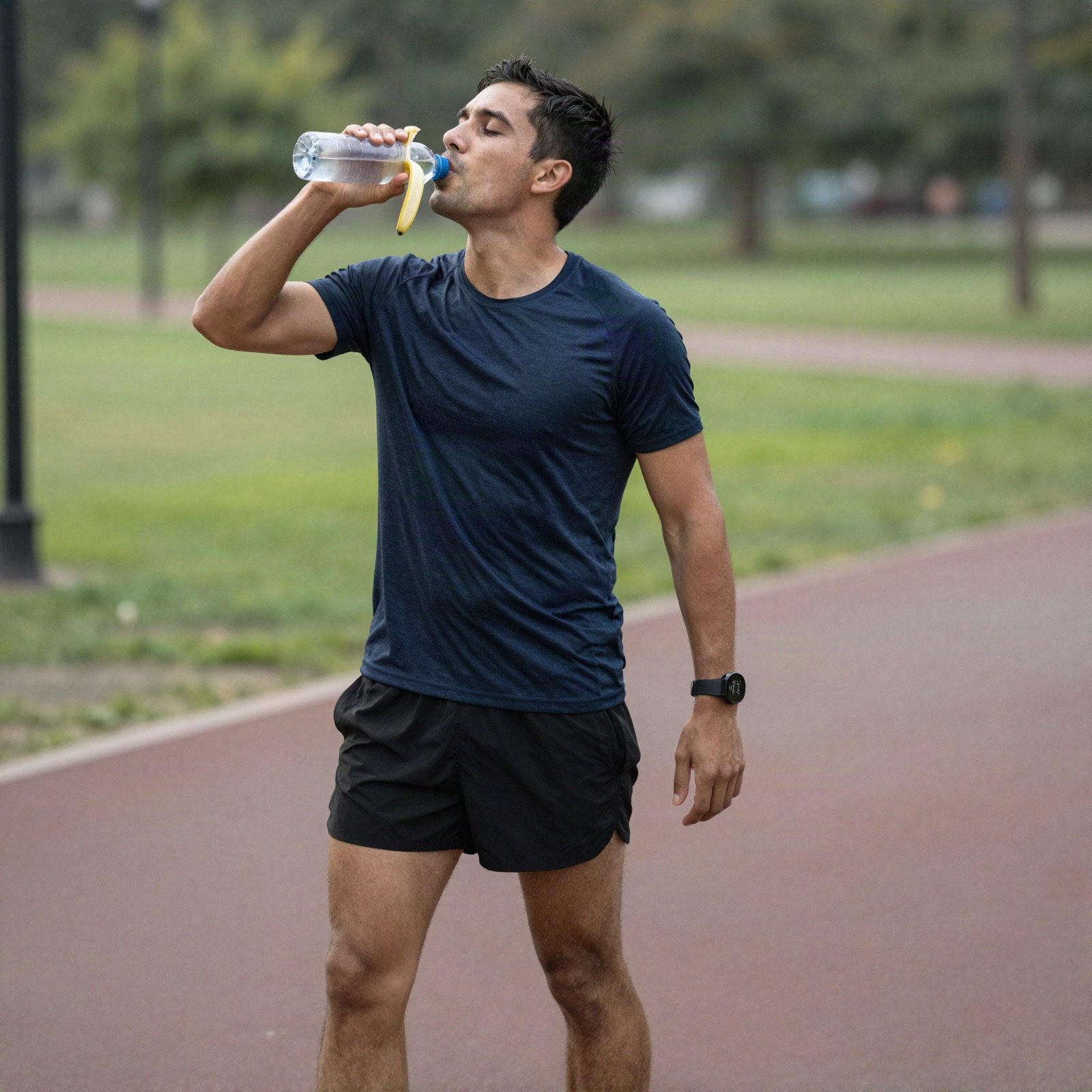 A runner drinking water after training in a park
