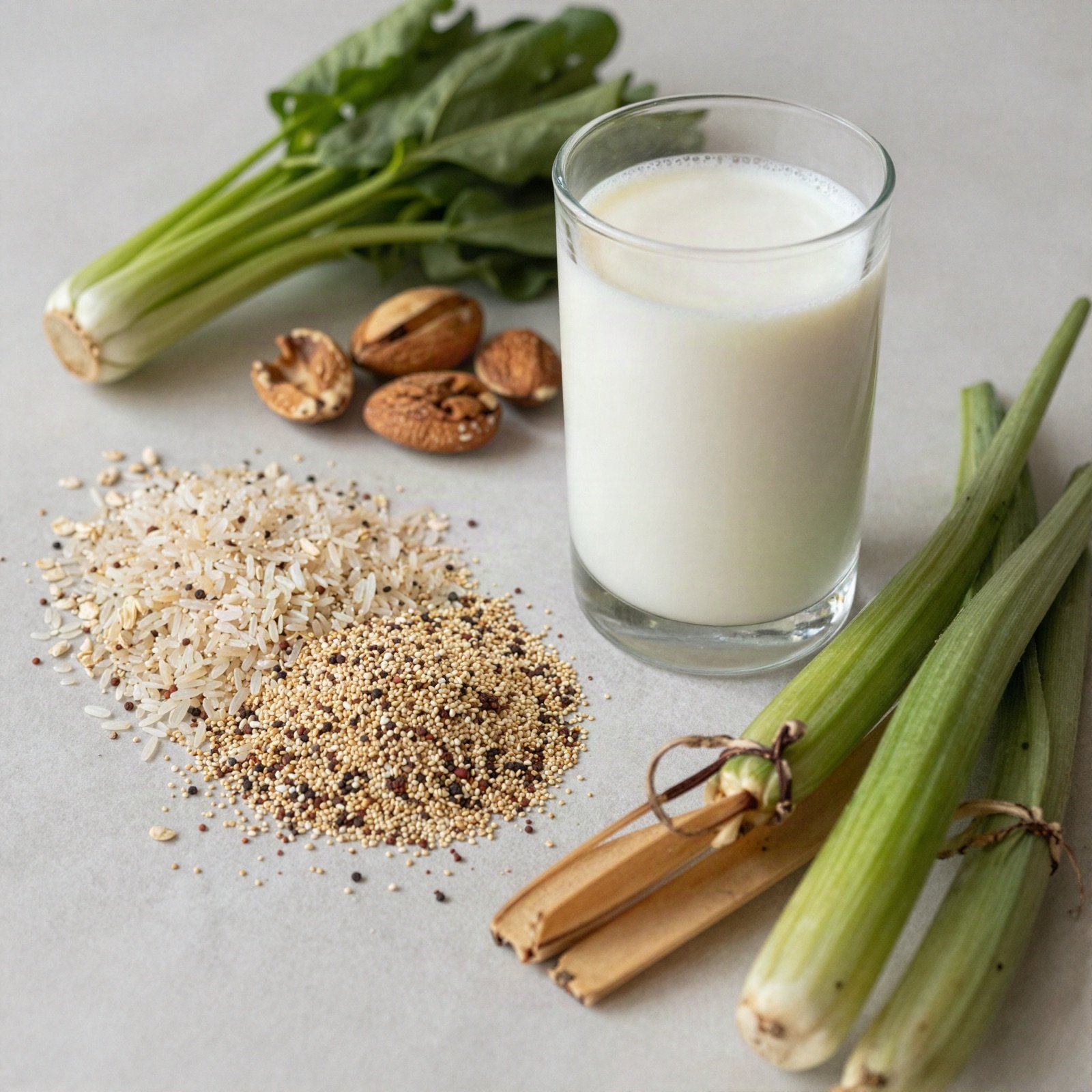 Rice, quinoa, nuts, leafy greens and a glass of plant milk on a light table
