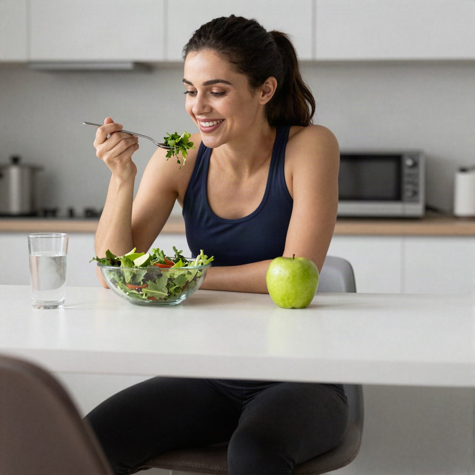 A smiling woman in workout clothes eating a green salad at a kitchen table