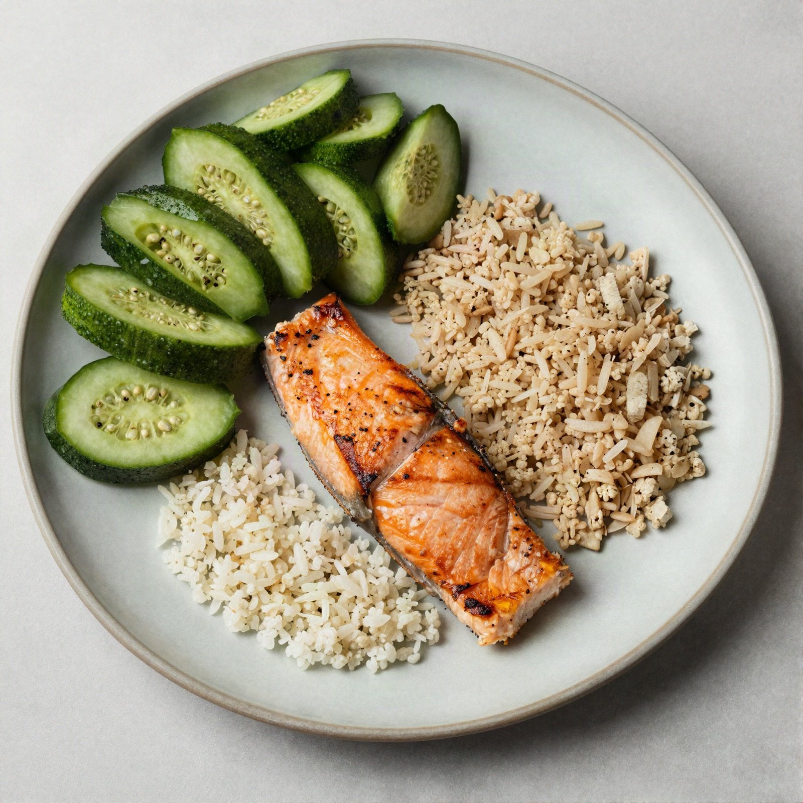 A balanced plate with cucumber, grilled salmon and brown rice