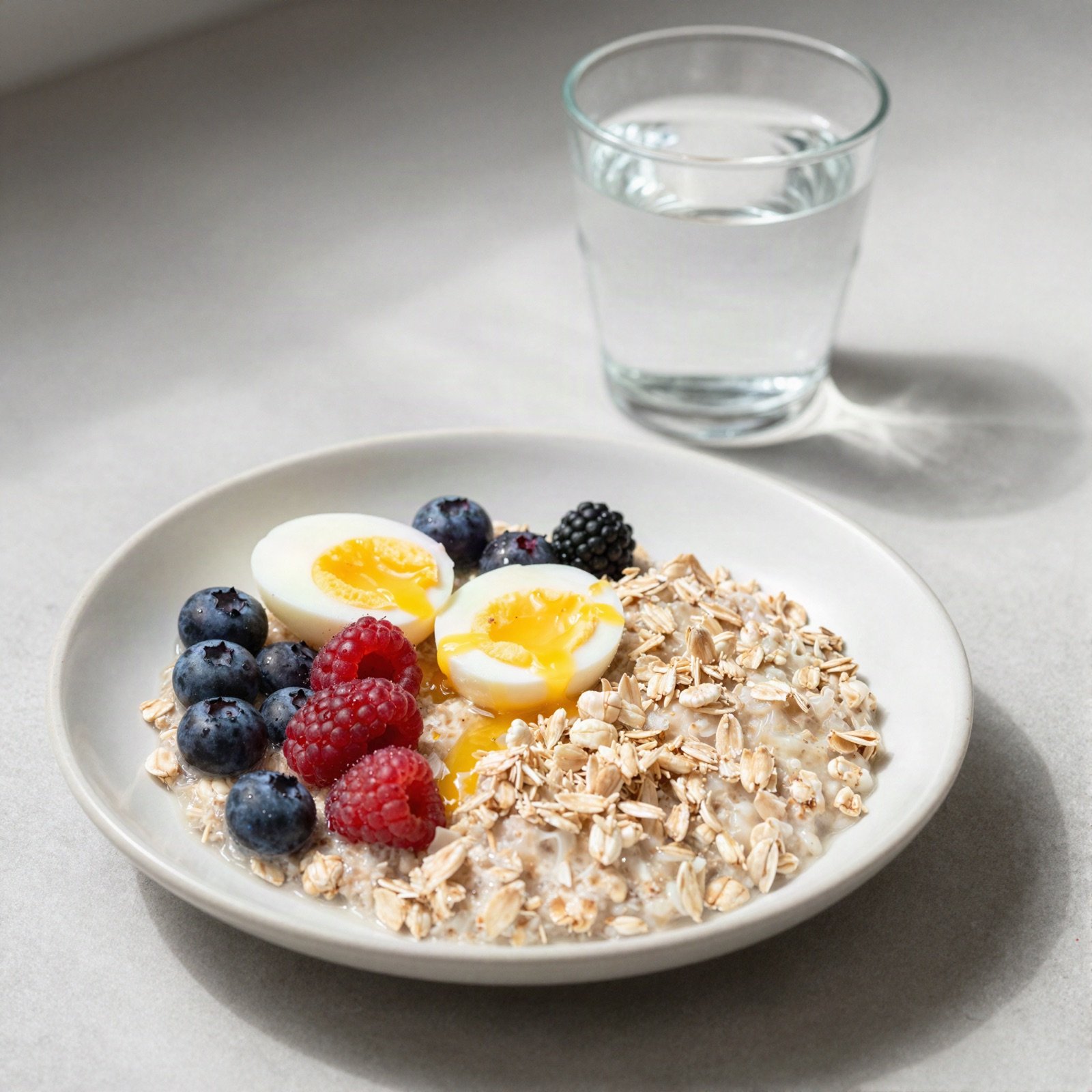 A breakfast of oats, berries and boiled eggs with a glass of water