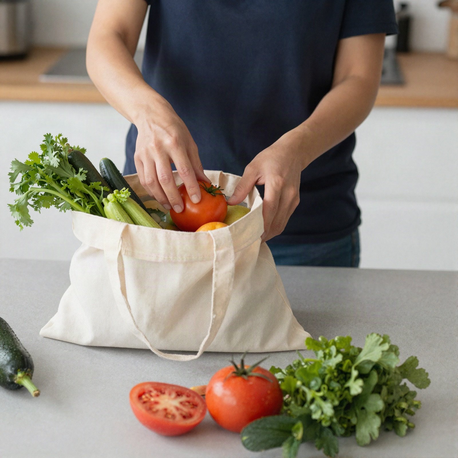 Hands unpacking fresh vegetables from a cotton shopping bag onto a counter