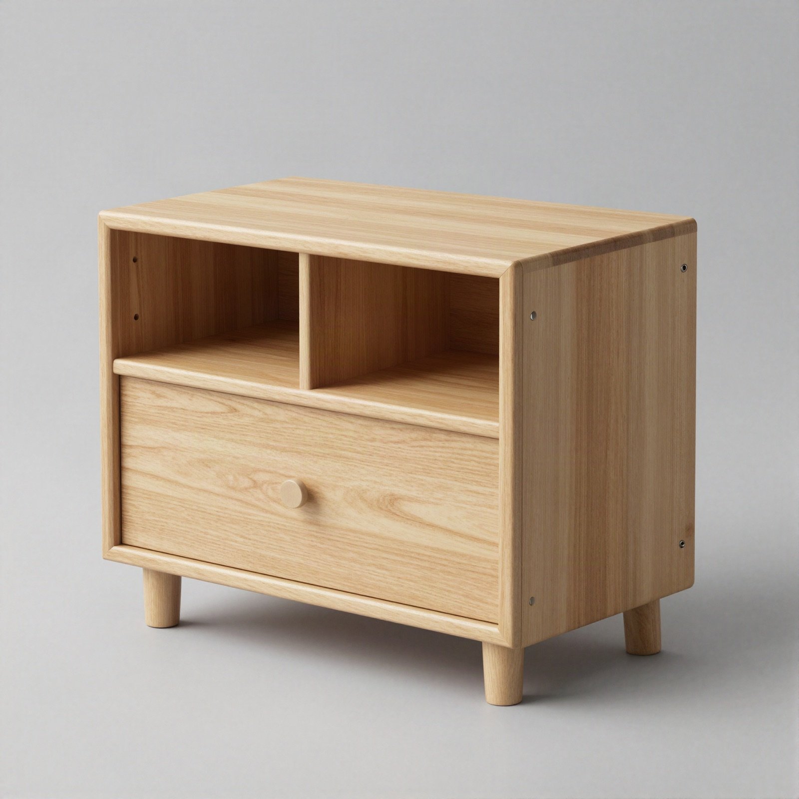 A compact light wood gadget cabinet with compartments