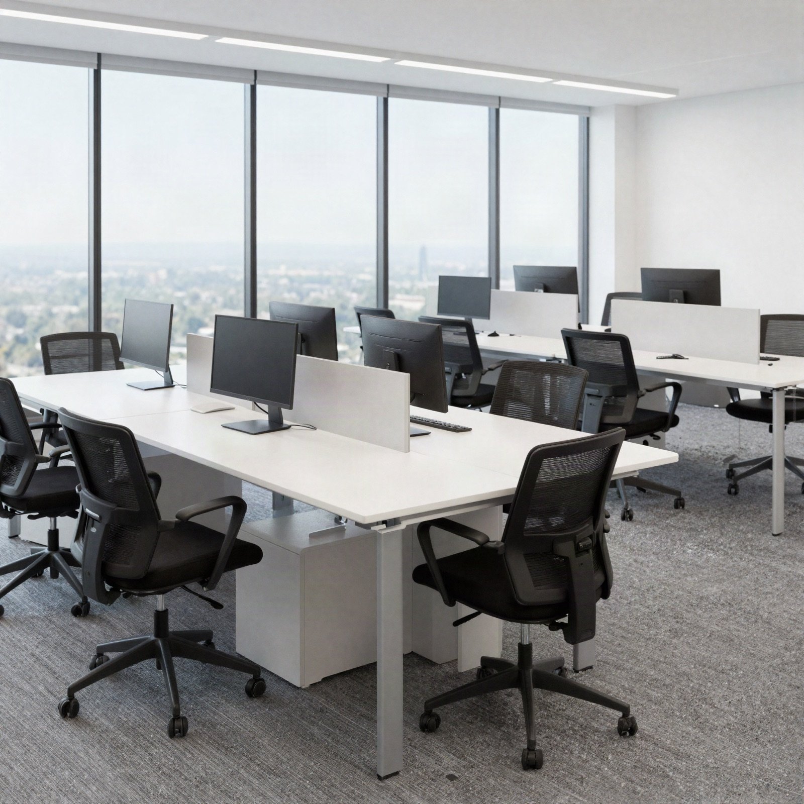 A modern team office with white desks and black mesh chairs