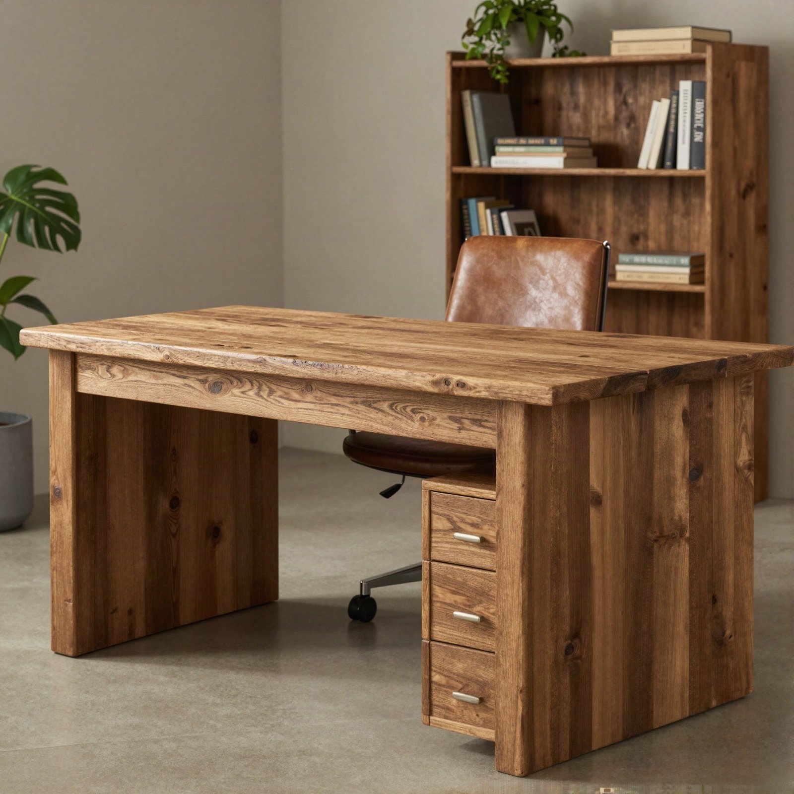 A rustic solid wood desk with a leather chair and bookshelf