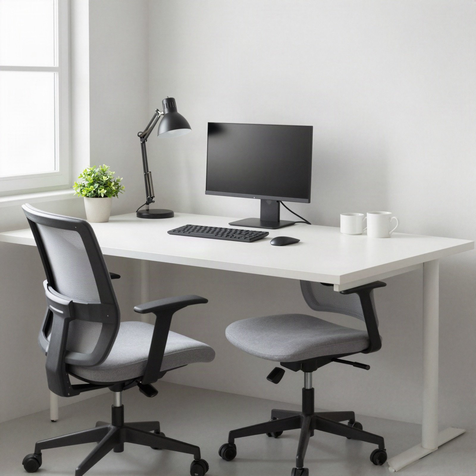A minimal white desk setup with a grey ergonomic chair