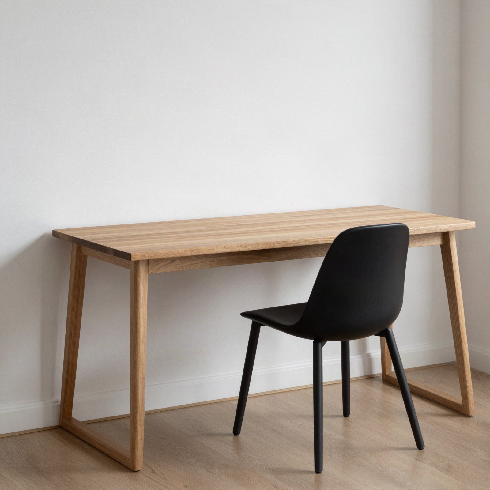A slim oak desk with a black chair against a white wall