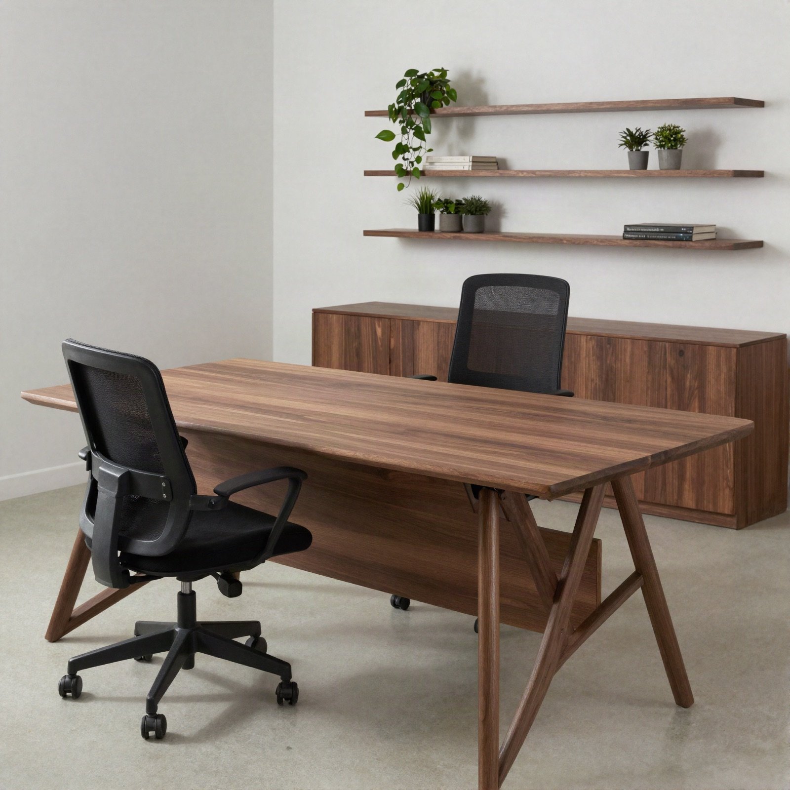 A walnut desk with a black ergonomic chair and floating shelves