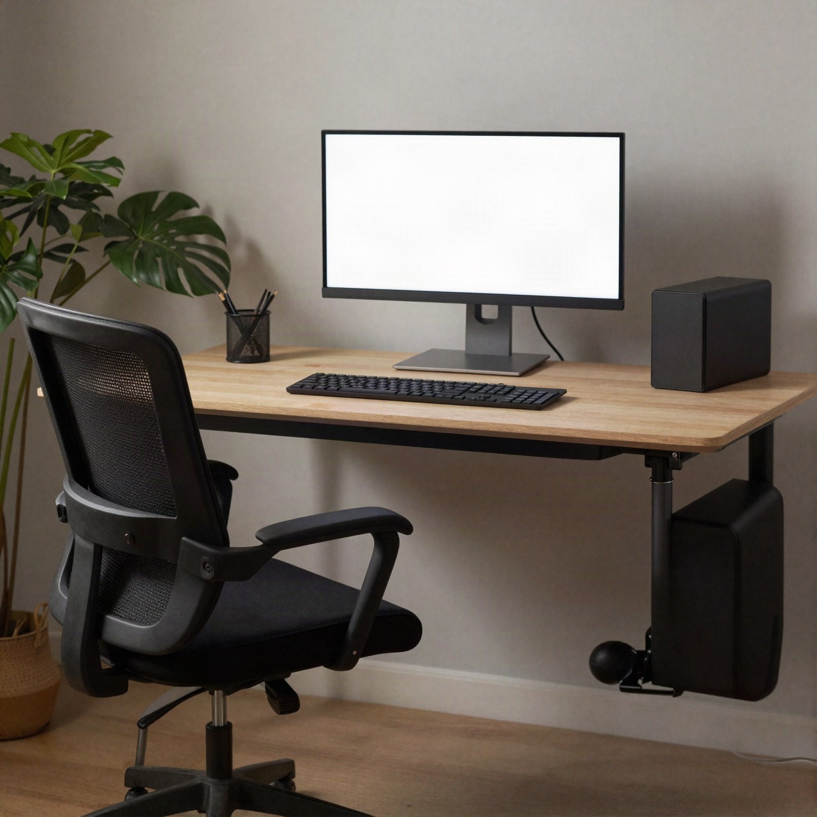 A compact work-from-home desk with a high-back chair and plant