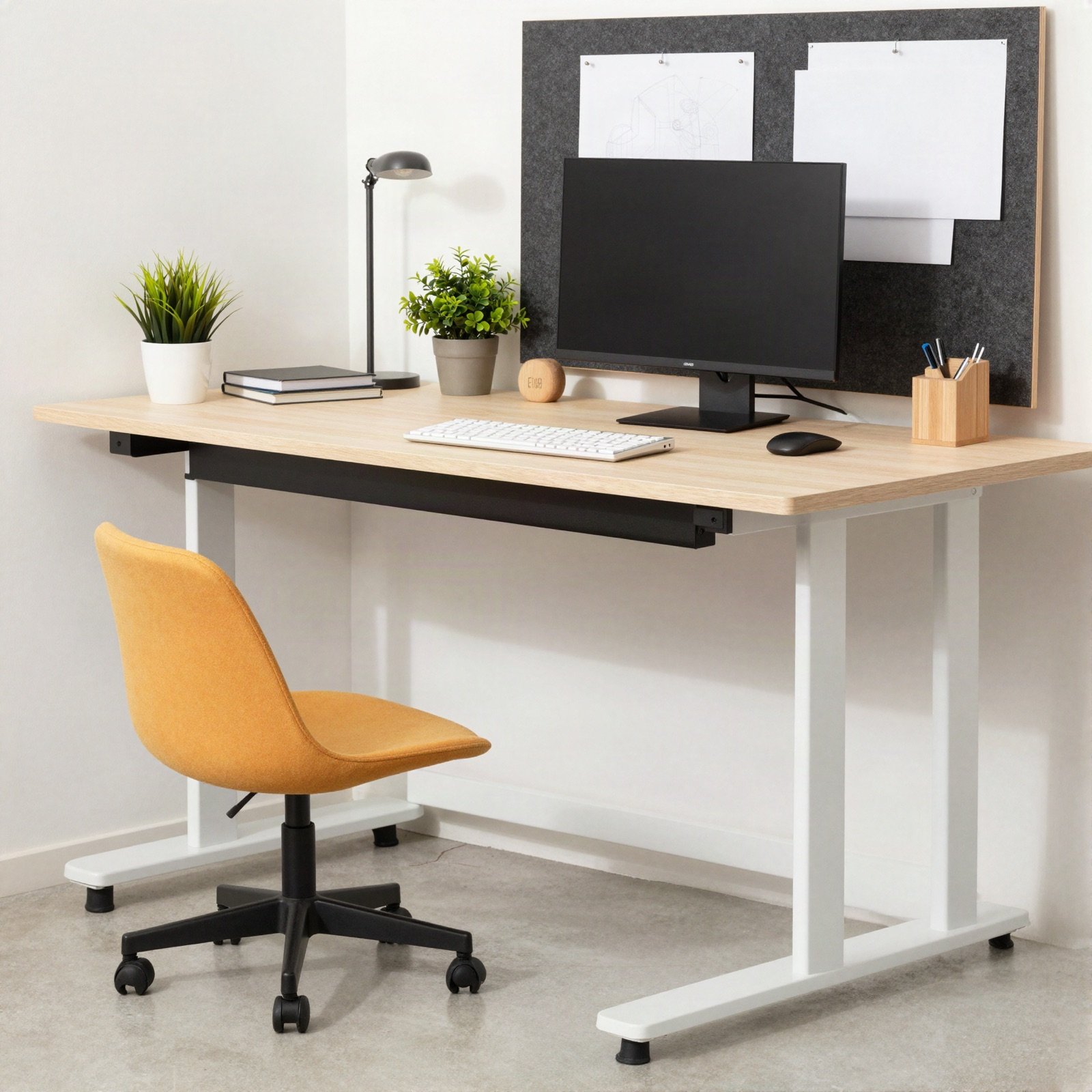 A height-adjustable desk with a yellow chair and pinboard