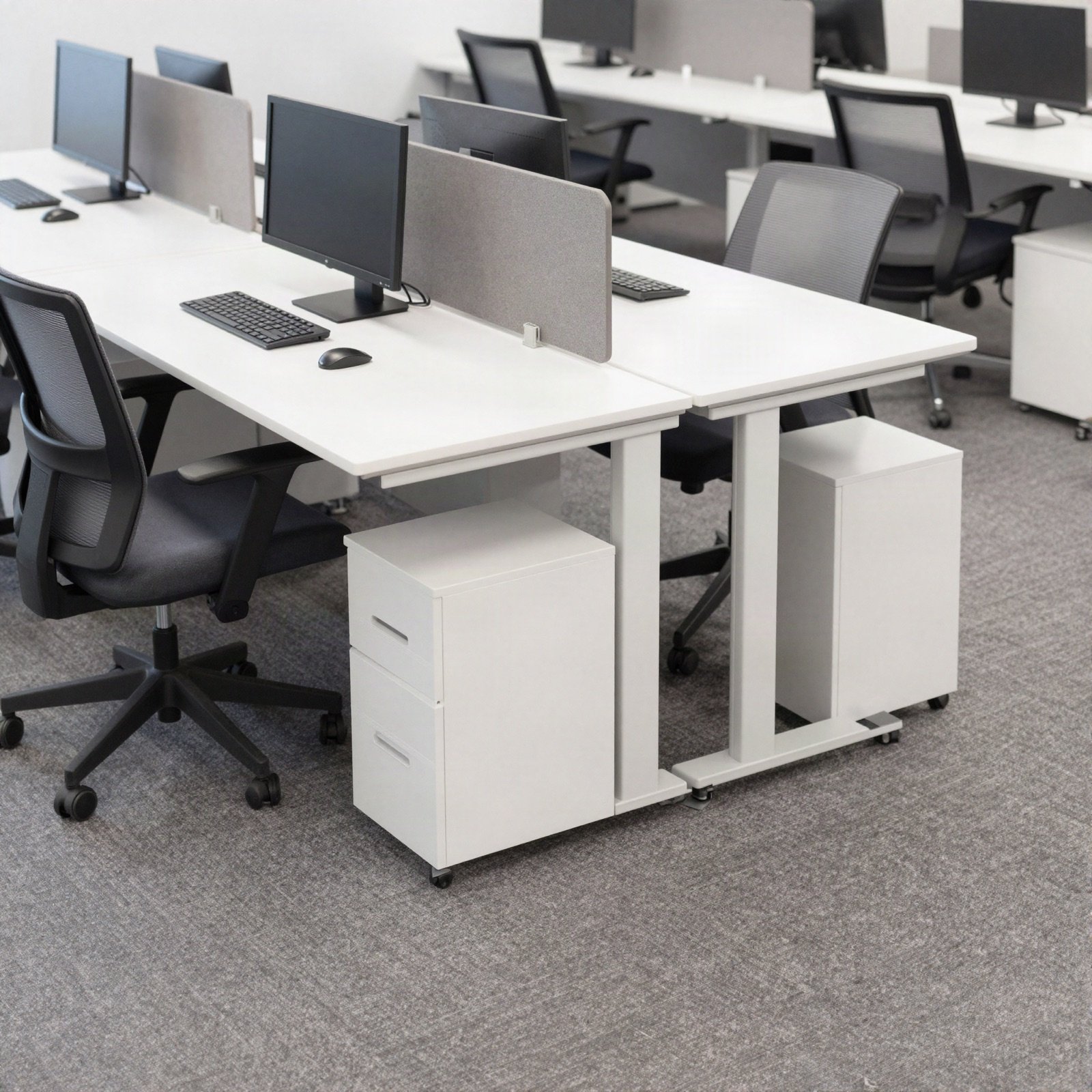 White team desks with mobile pedestals and mesh chairs