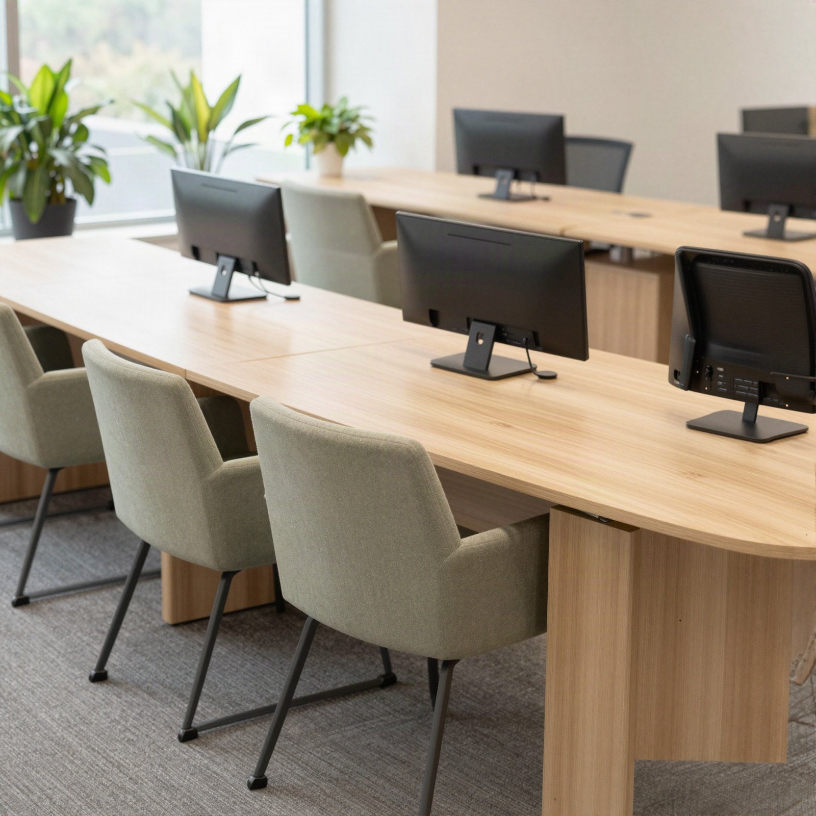 Light wood desks with sage fabric chairs in a bright office