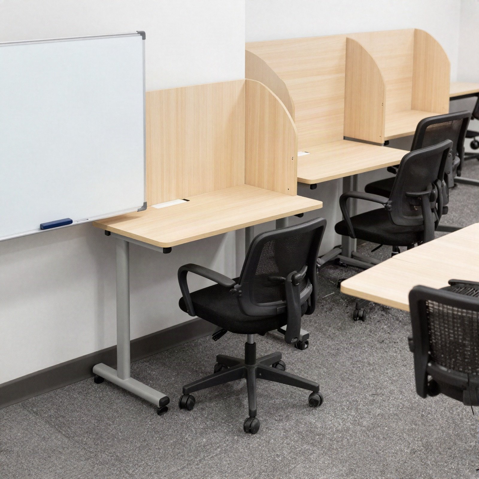 Compact desks on castors with a mobile whiteboard