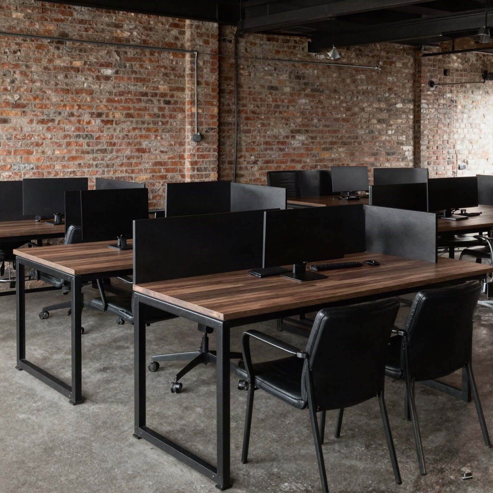 Black steel and dark wood desks in an industrial office