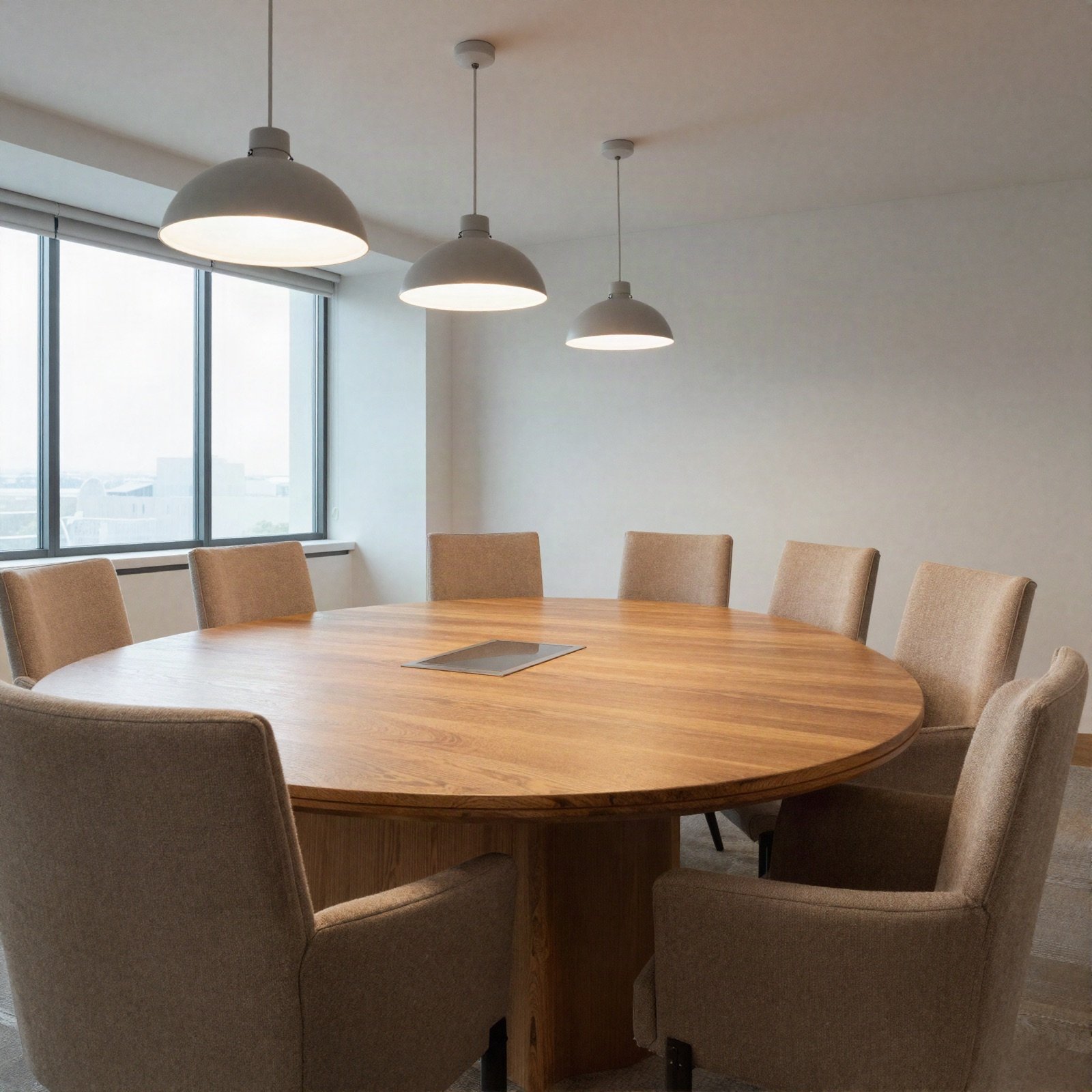 A meeting room with a round oak table and upholstered chairs