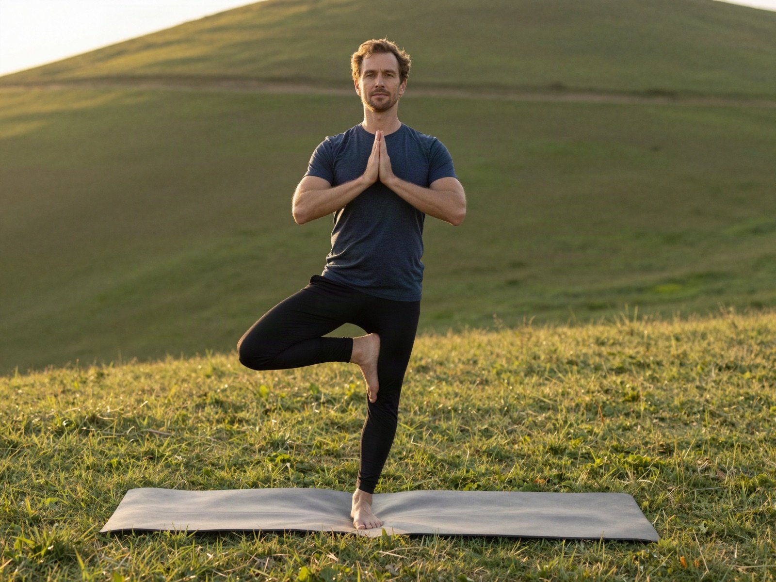 A man holding a yoga tree pose on a mat on a grassy hill at sunrise