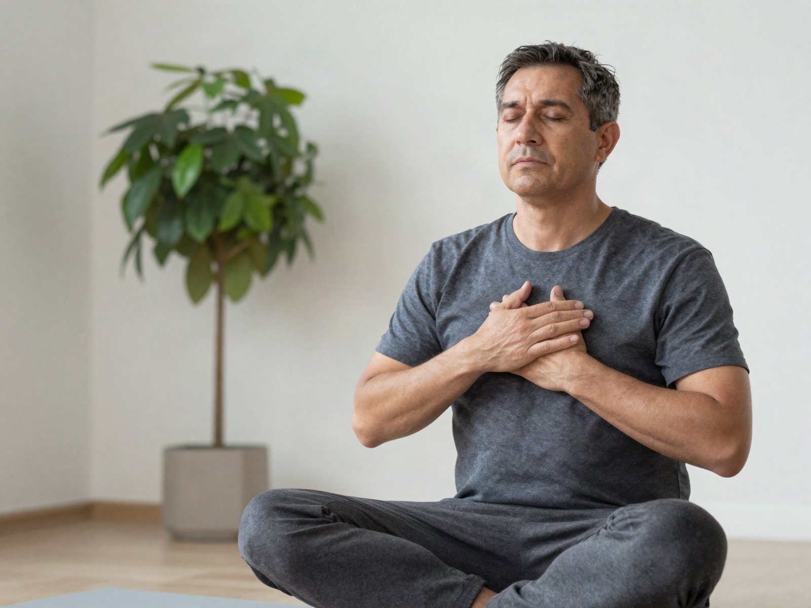 A man sitting cross-legged with eyes closed and hands on his chest practising slow breathing