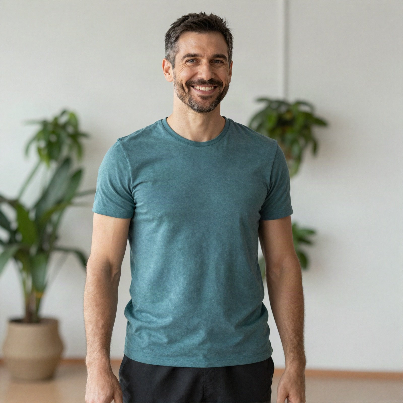 Portrait of yoga coach Tamer Haddadin in a bright studio