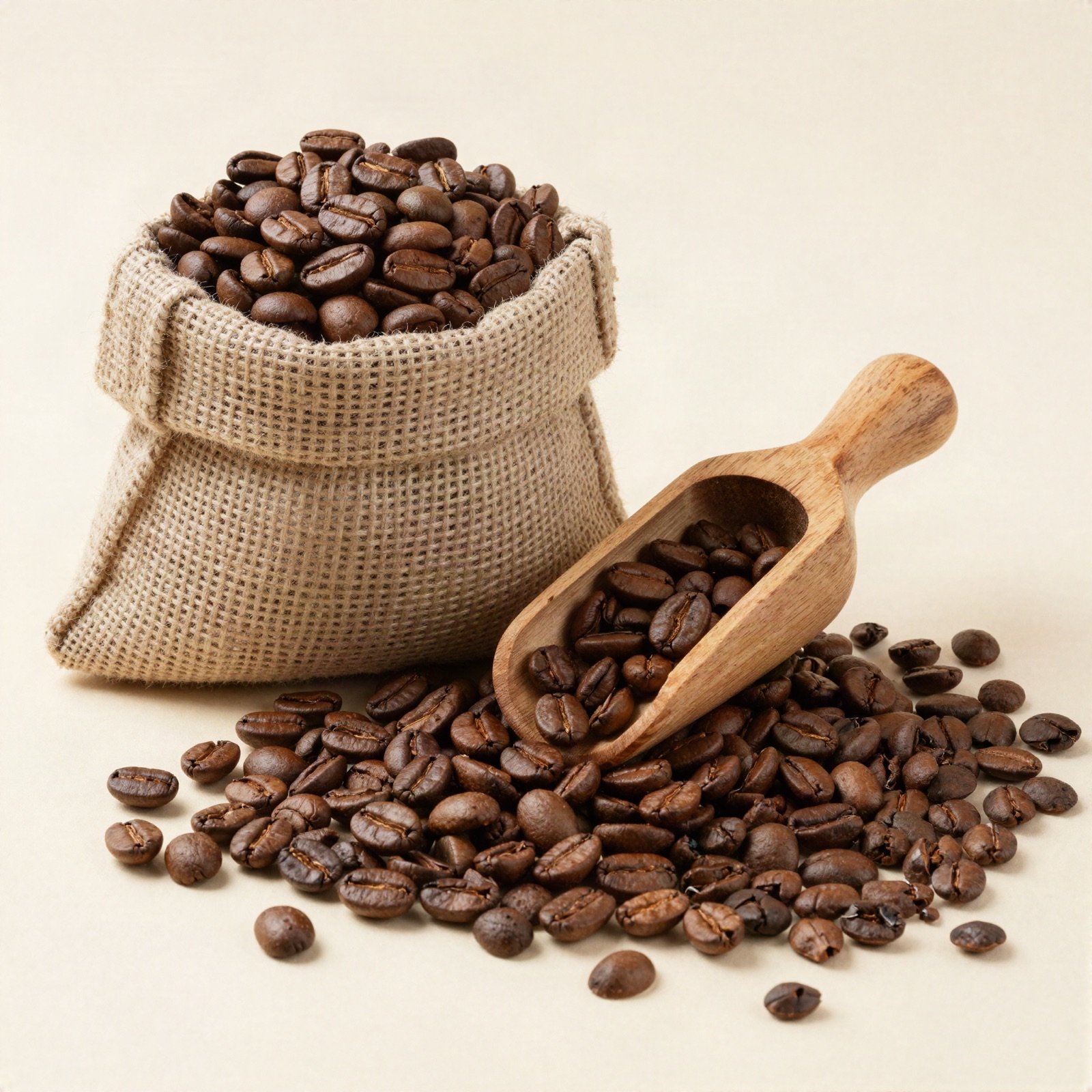 Roasted coffee beans spilling from a burlap sack with a wooden scoop