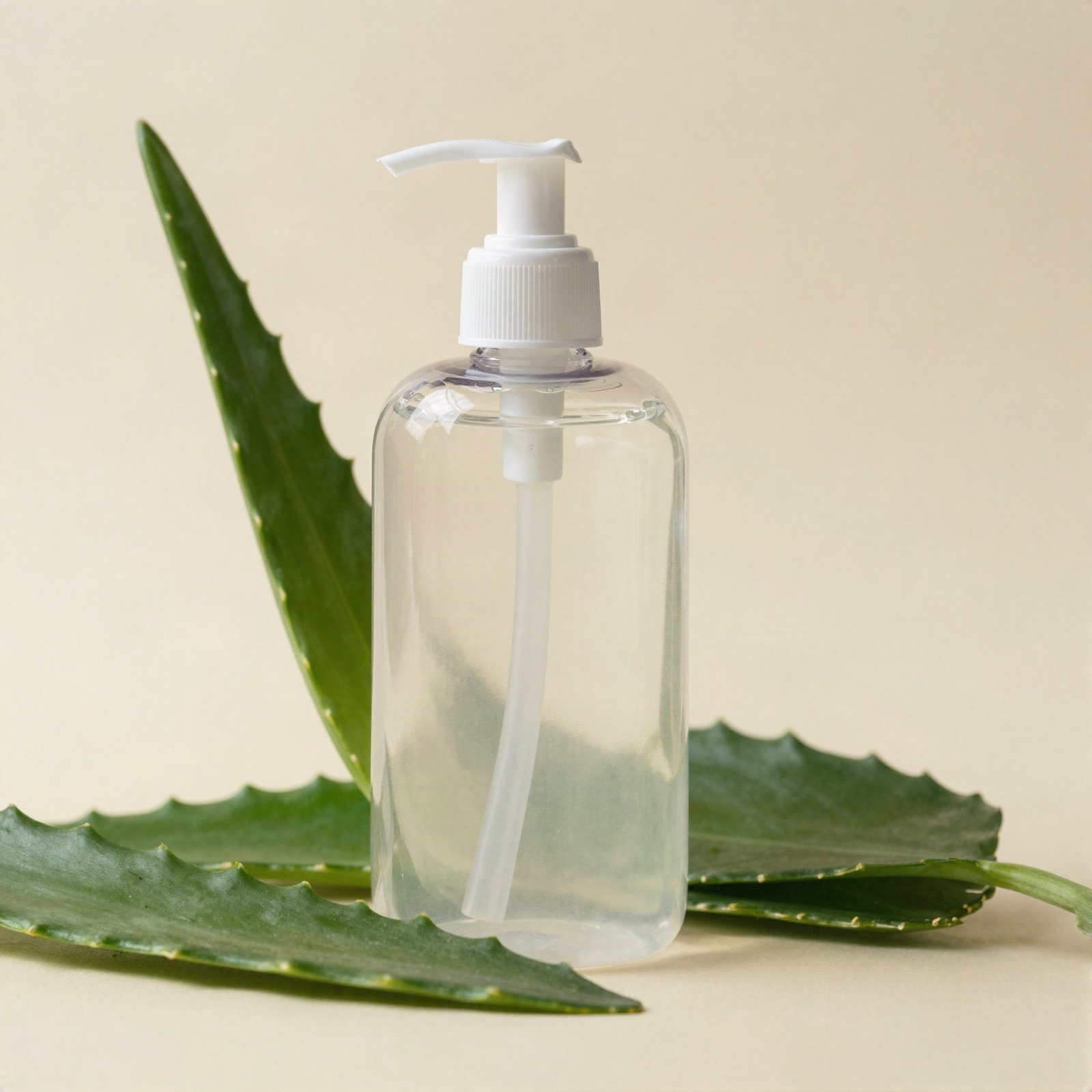 A clear pump bottle of hand sanitizer gel beside fresh aloe vera leaves