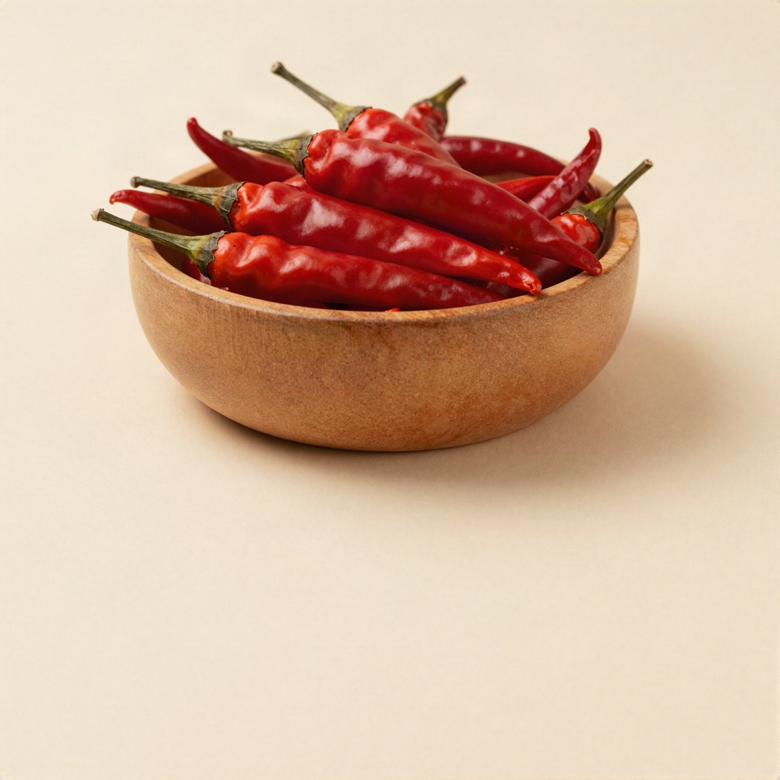 A wooden bowl filled with fresh red chillies