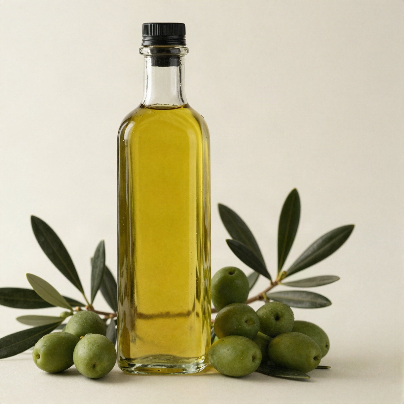 A glass bottle of golden olive oil with green olives and an olive branch