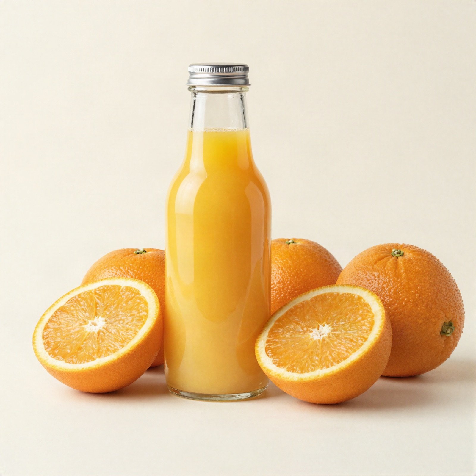 A glass bottle of fresh orange juice surrounded by halved oranges