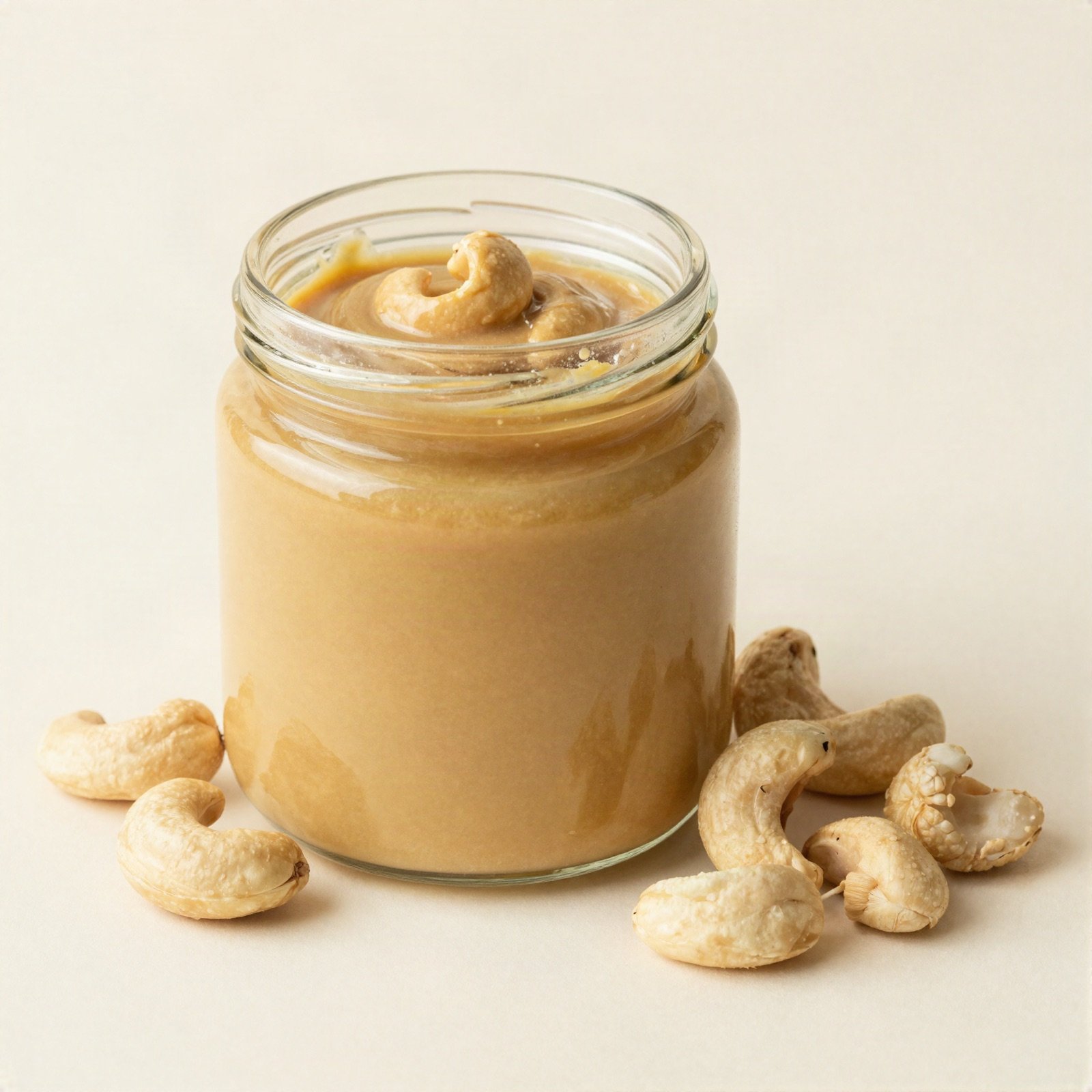 A glass jar of creamy cashew butter with whole cashews beside it