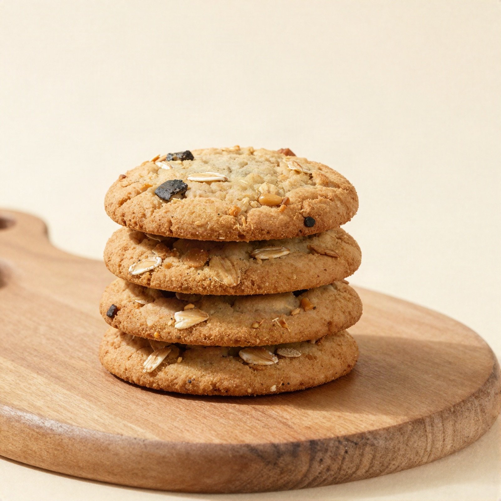 A stack of wholegrain oat cookies on a wooden board