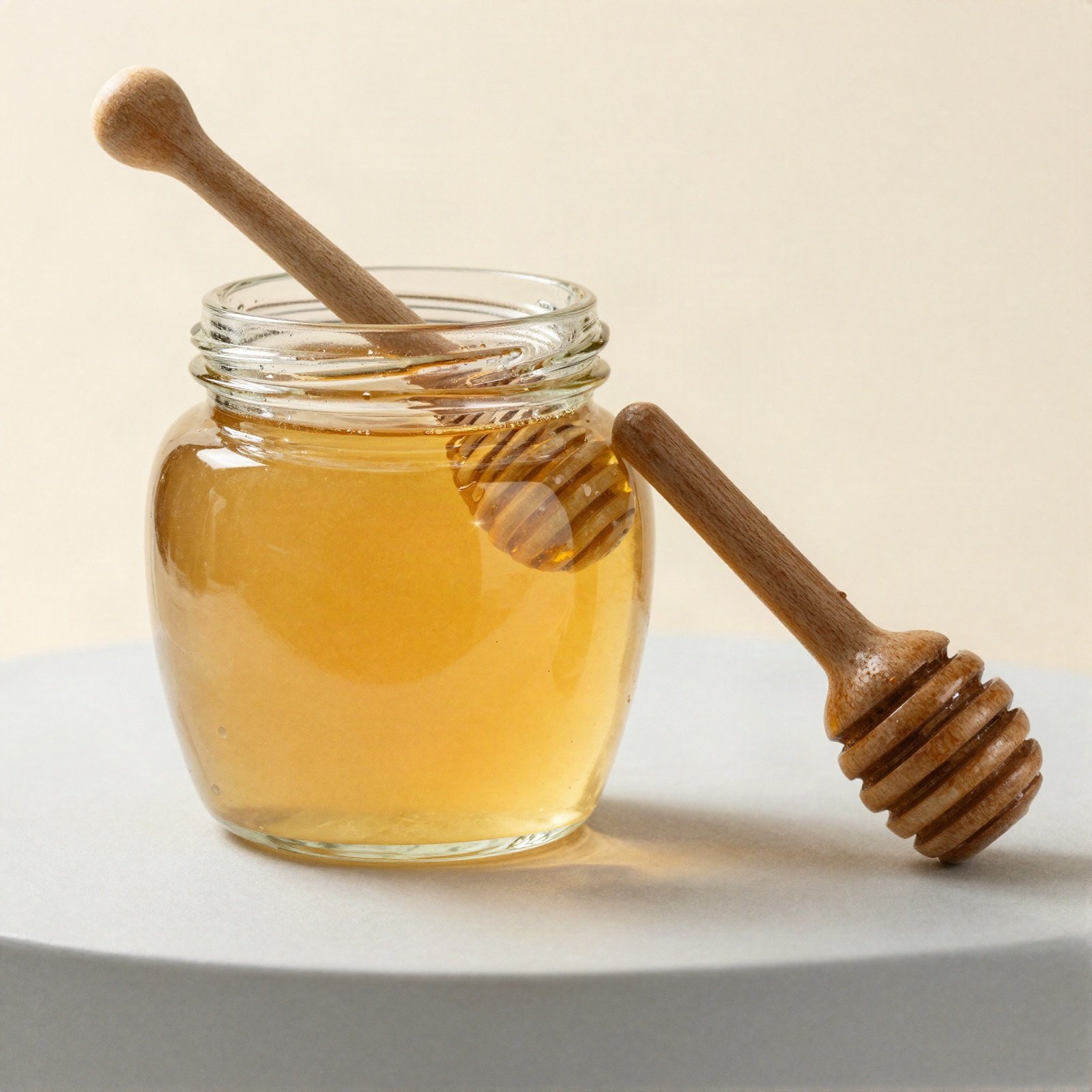 A jar of golden honey with a wooden honey dipper