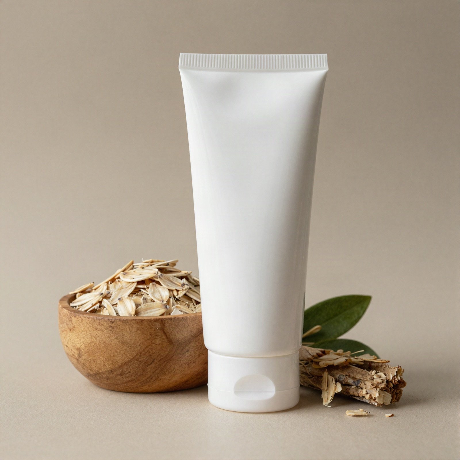 A plain white tube of face scrub beside a wooden bowl of oats and green leaves
