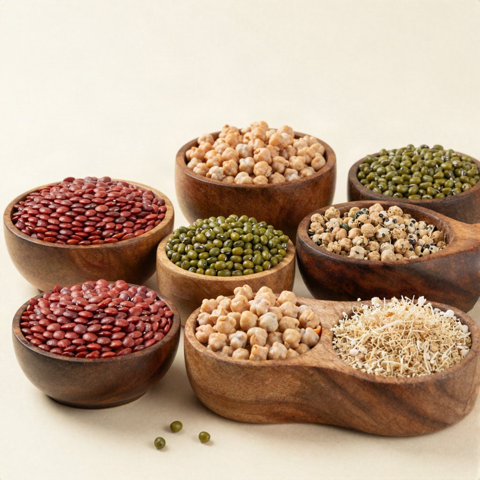 Wooden bowls of red beans, mung beans and chickpeas