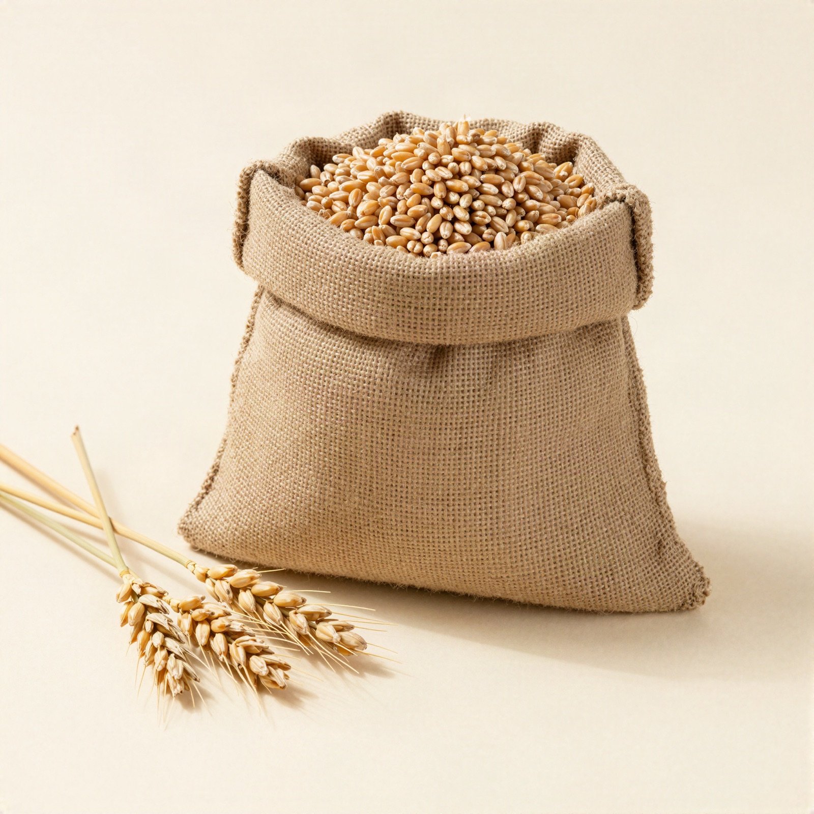 A burlap sack of wheat grains with golden ears of wheat