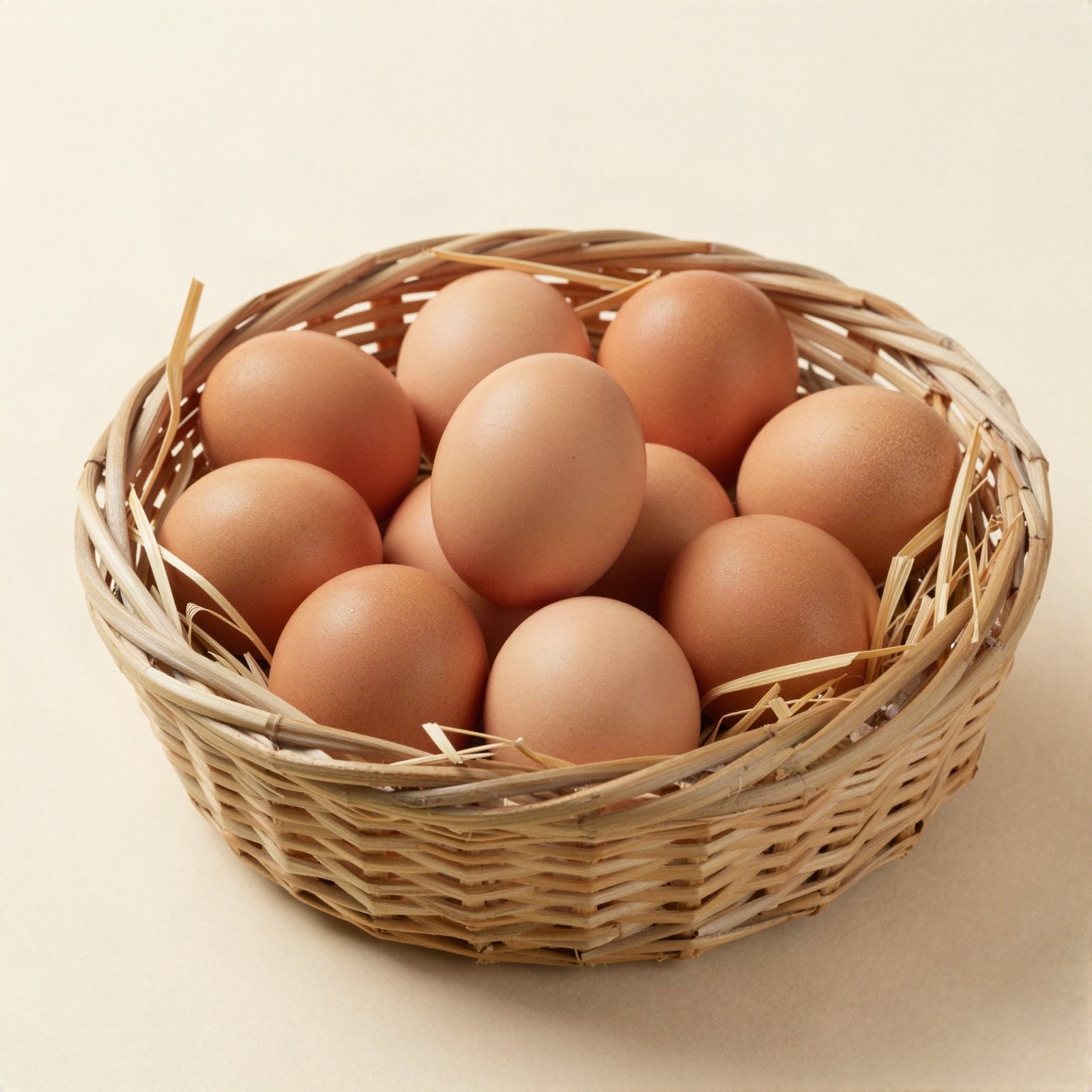 Fresh brown farm eggs in a woven straw basket