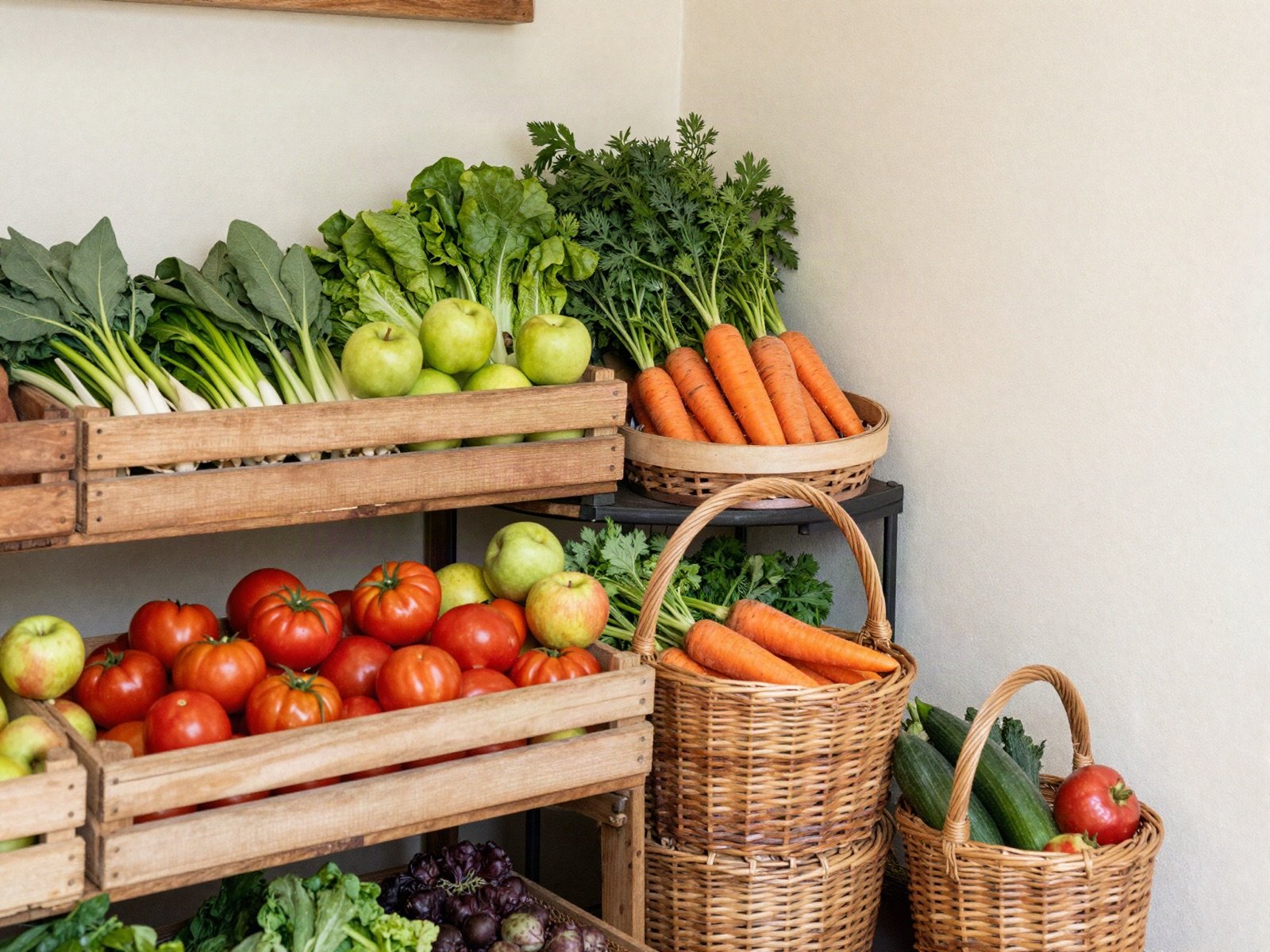 Wooden crates and wicker baskets filled with tomatoes, apples, carrots and leafy greens