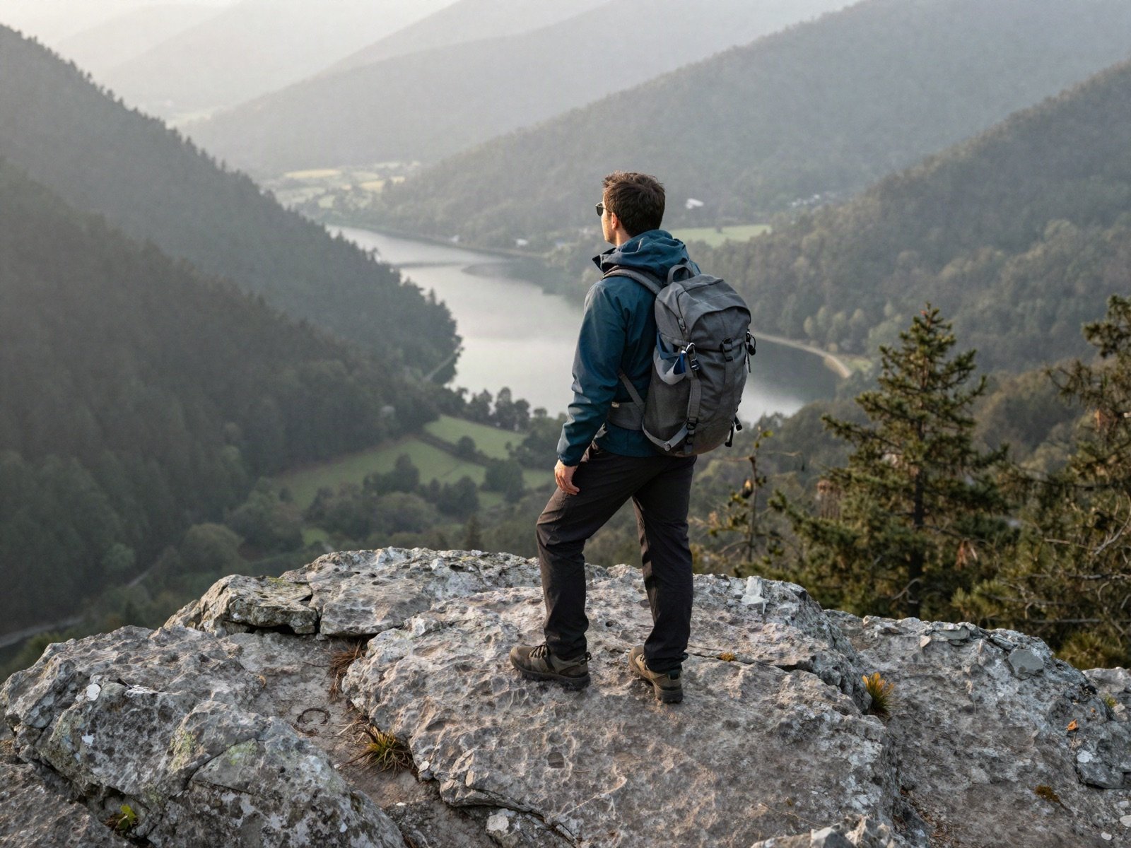A hiker on a rocky viewpoint looking over a forested valley and lake