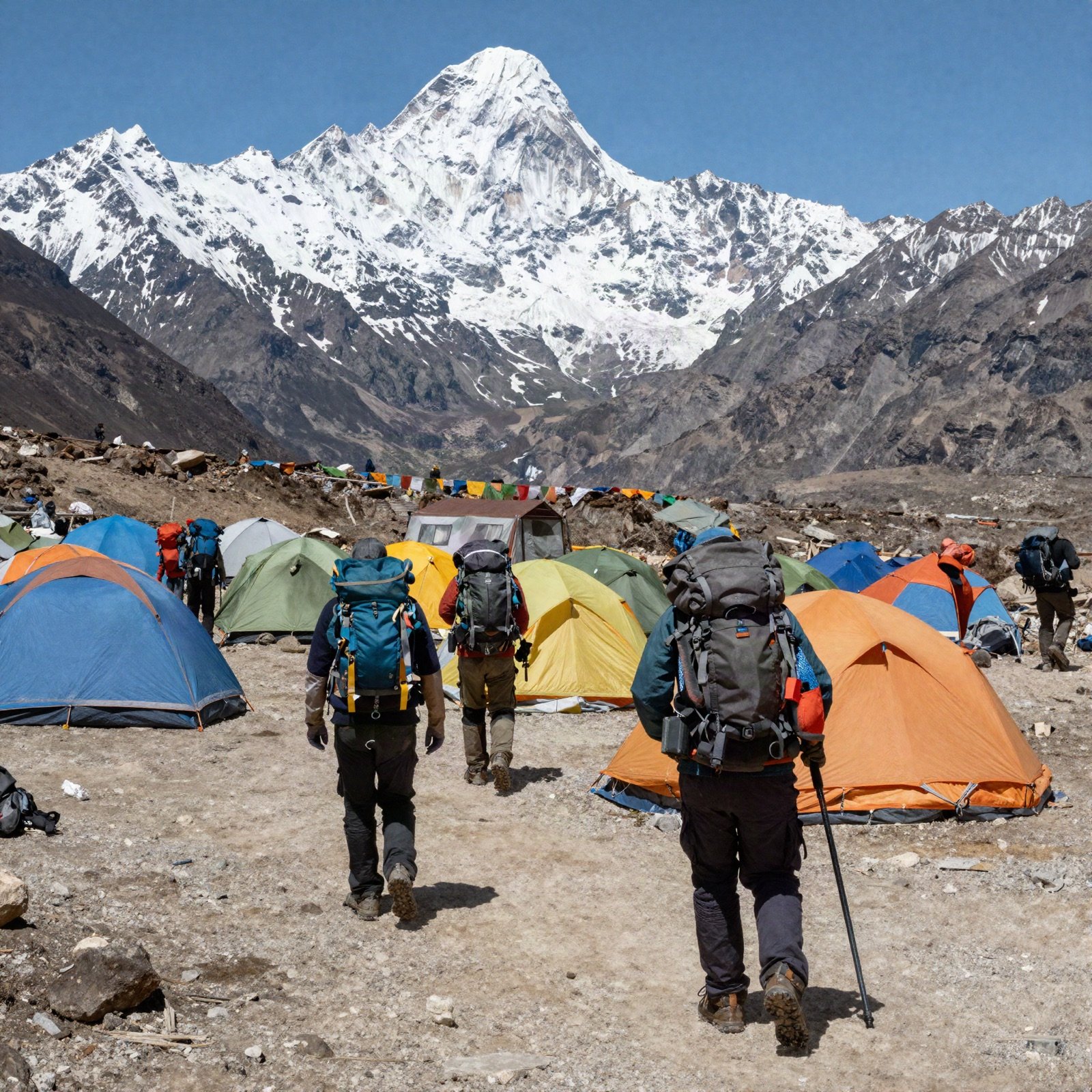 Trekkers walking into a base camp of colourful tents below a snowy Himalayan peak