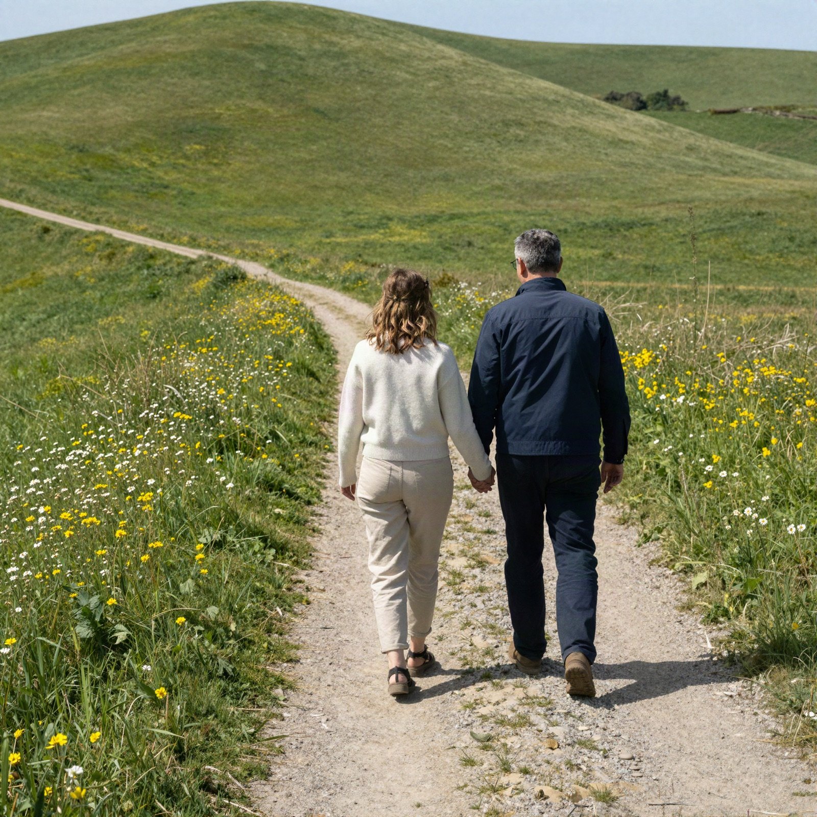A couple walking hand in hand along a footpath through green hills and wildflowers