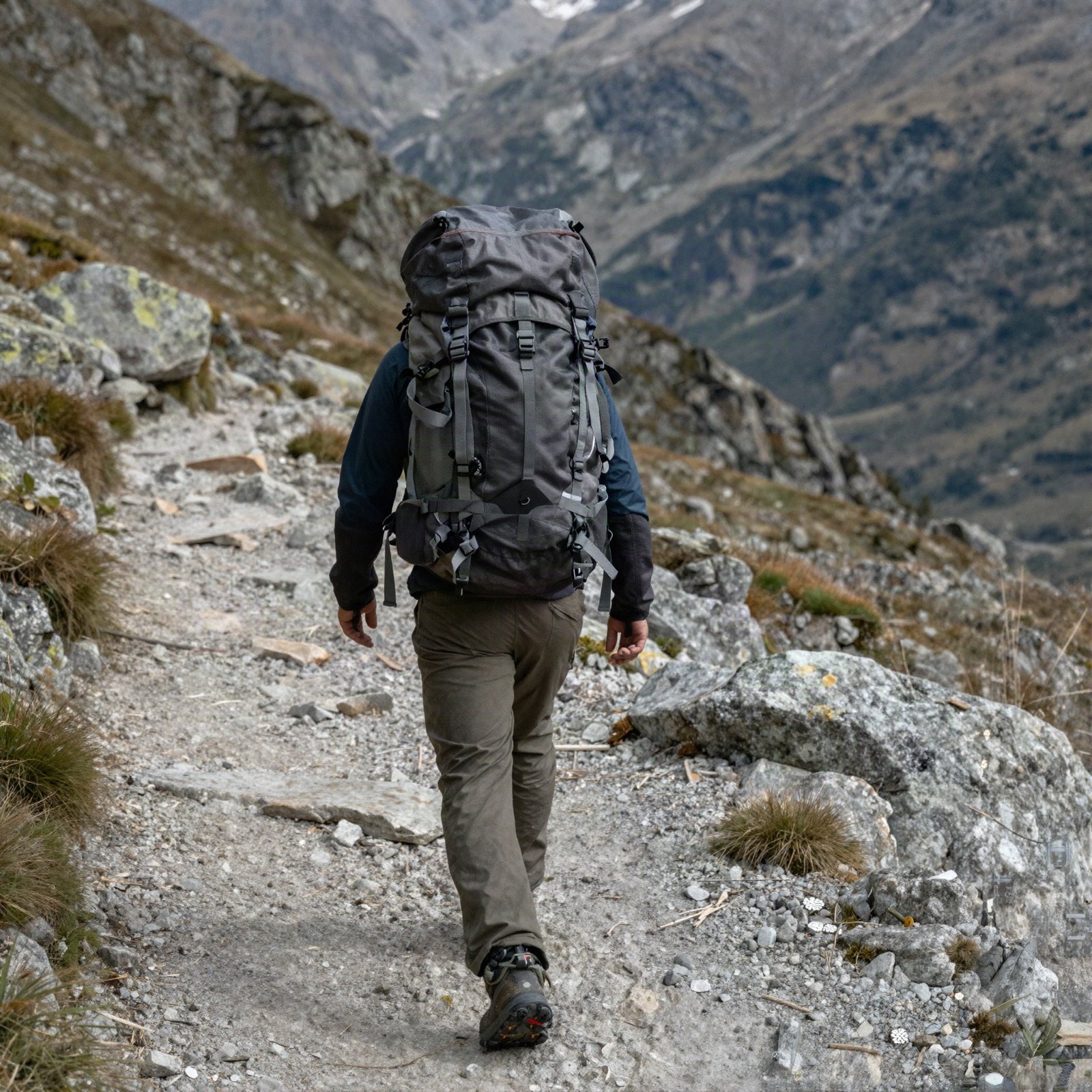 A backpacker with a large rucksack hiking a rocky alpine trail